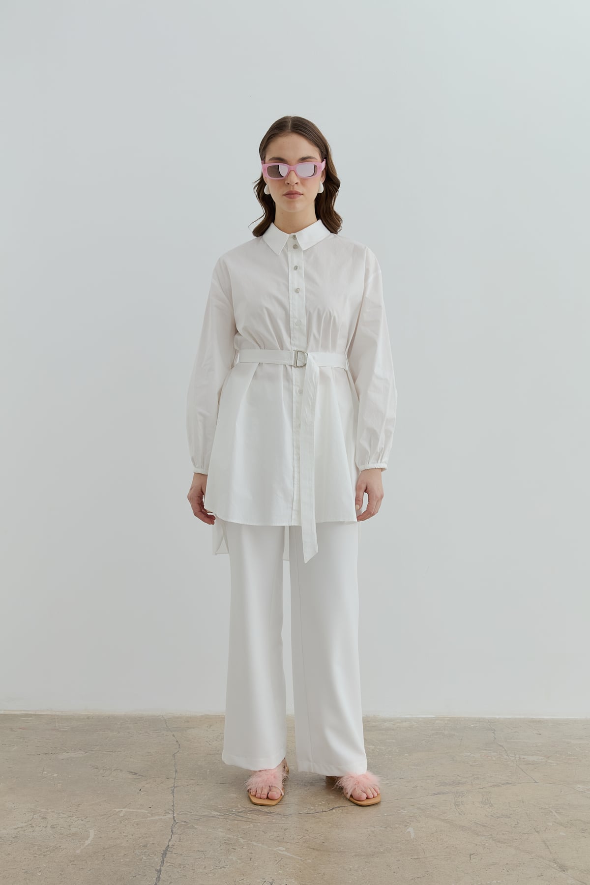 NİHAN Tunic Nihan Beli Kemerli Asimetrik Tunik  Beyaz_modest