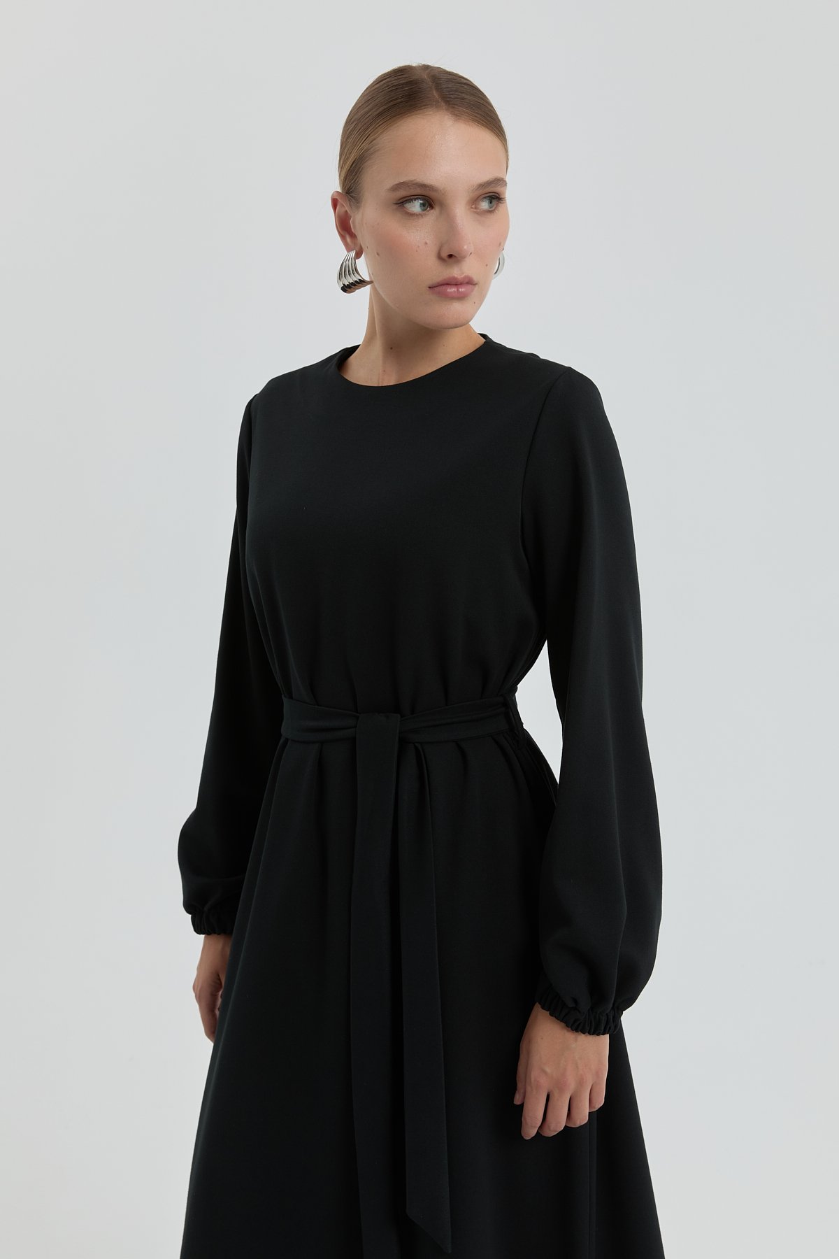 NİHAN Elbise Nihan Beli Kuşaklı Basic Elbise  Siyah_modest