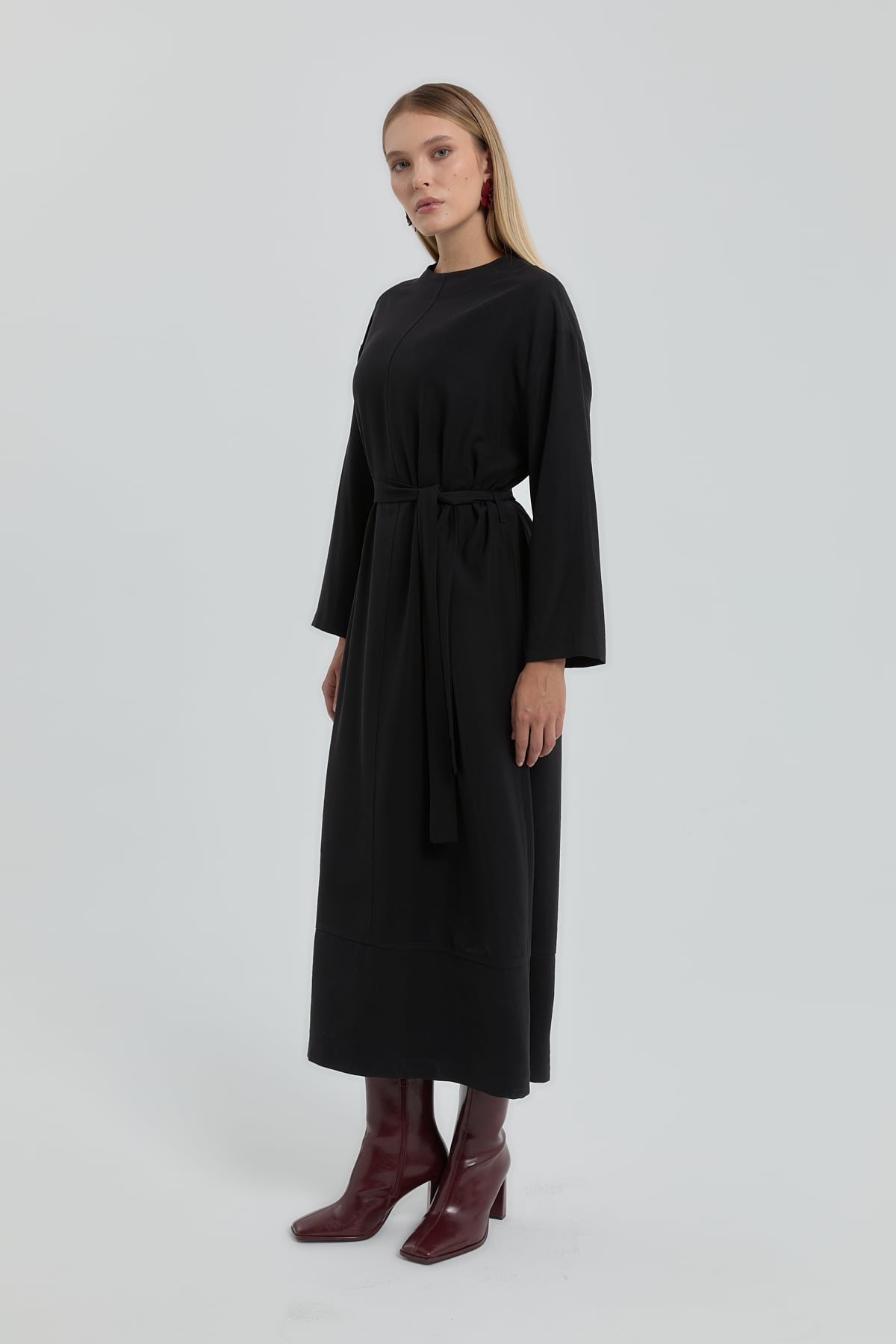 NİHAN Elbise Nihan Beli Kuşaklı Modal Elbise  Siyah_modest