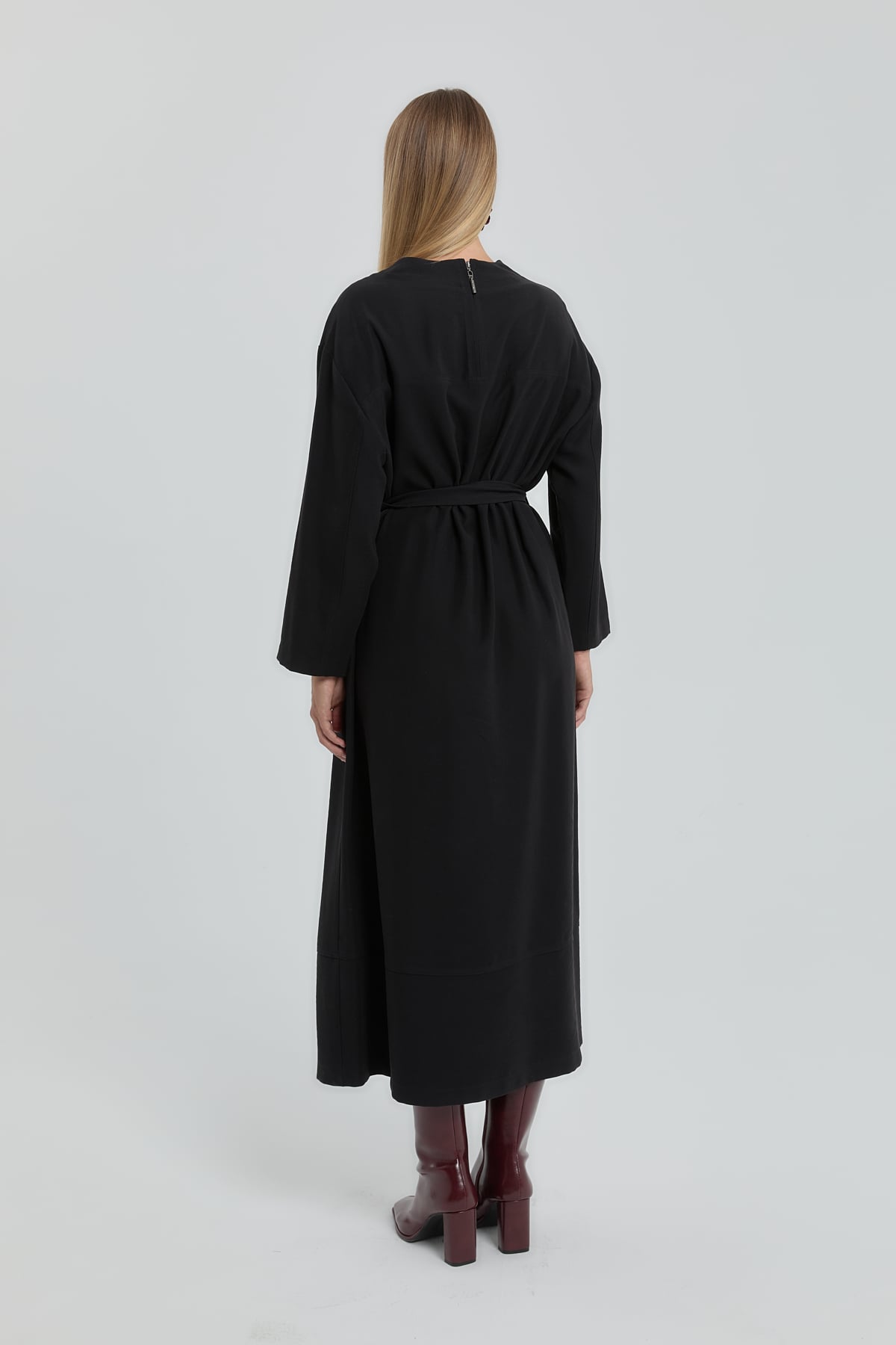 NİHAN Elbise Nihan Beli Kuşaklı Modal Elbise  Siyah_modest