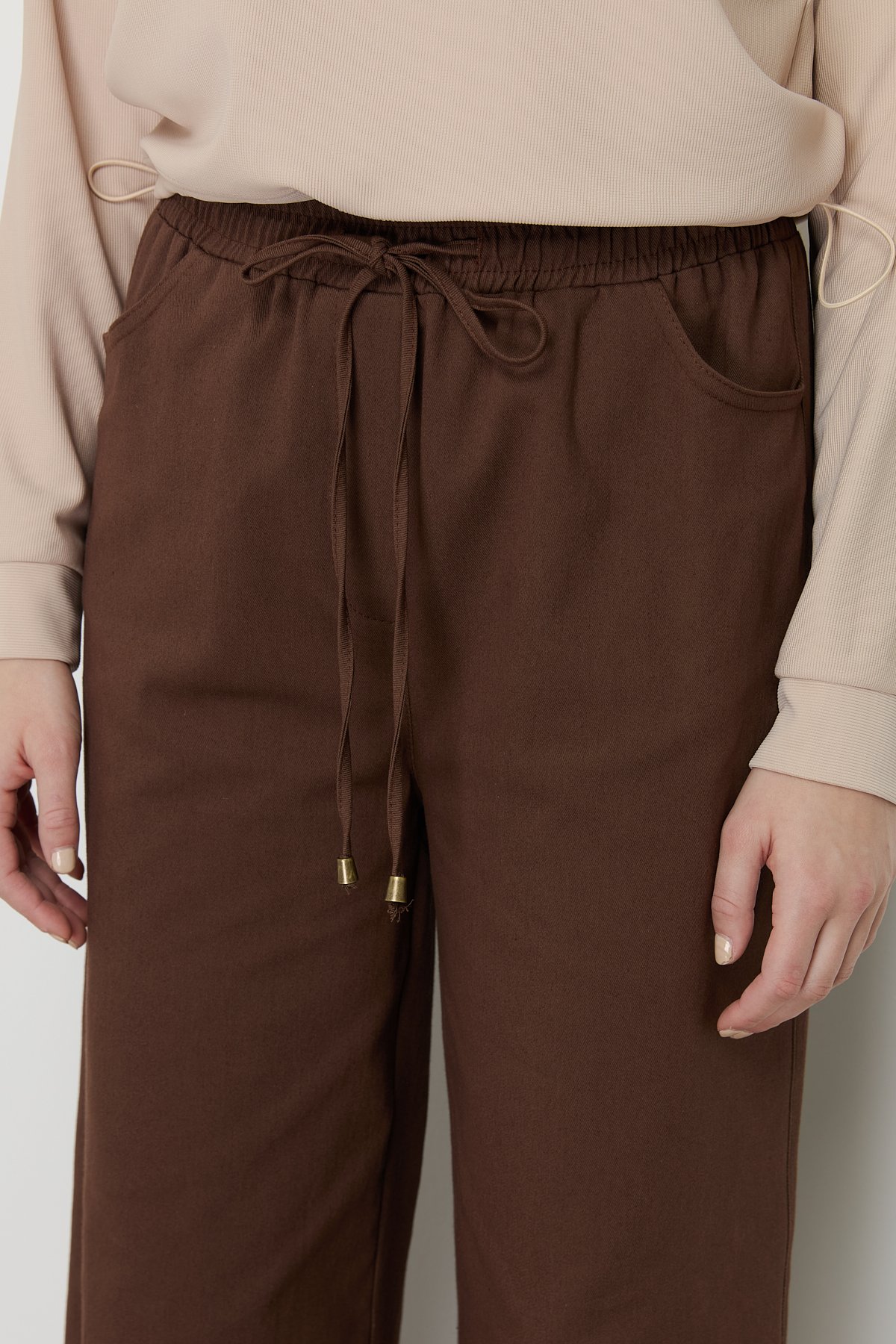 NİHAN Pantolon Nihan Beli Lastikli Bol Paça Kanvas Pantolon  Kahve_modest