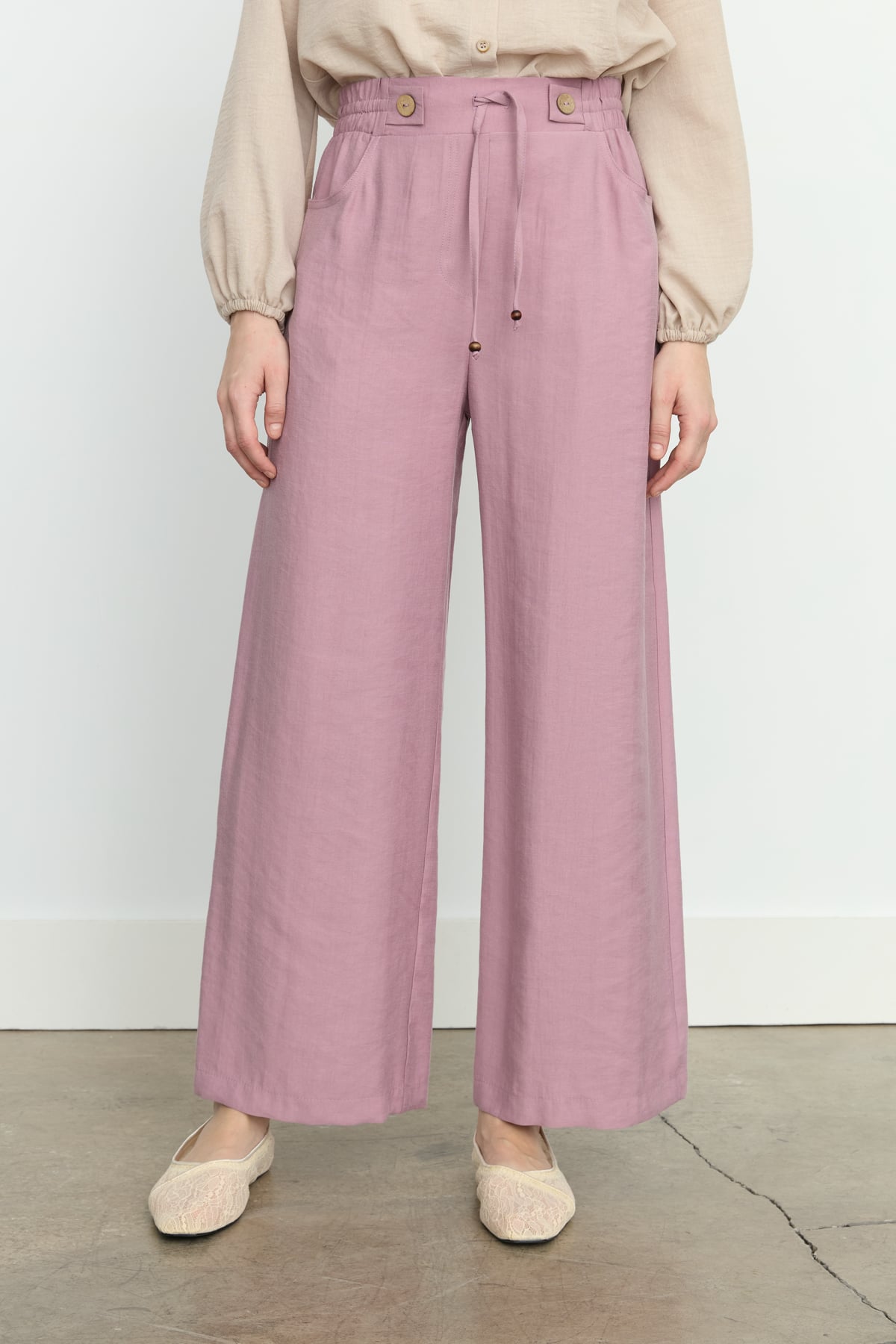 NİHAN Pantolon Nihan Beli Lastikli Bol Paça Tencel Pantolon  Lavanta_modest