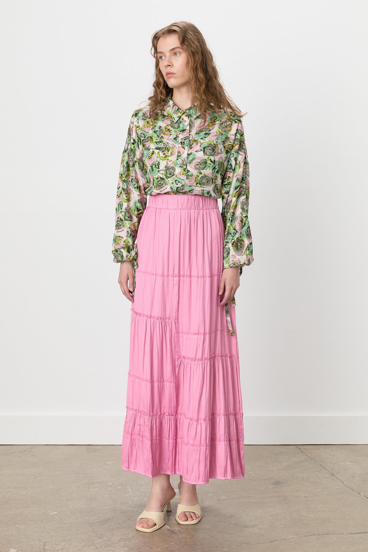 NİHAN Skirt Nihan Beli Lastikli Çingene Crash Etek  Pembe_modest