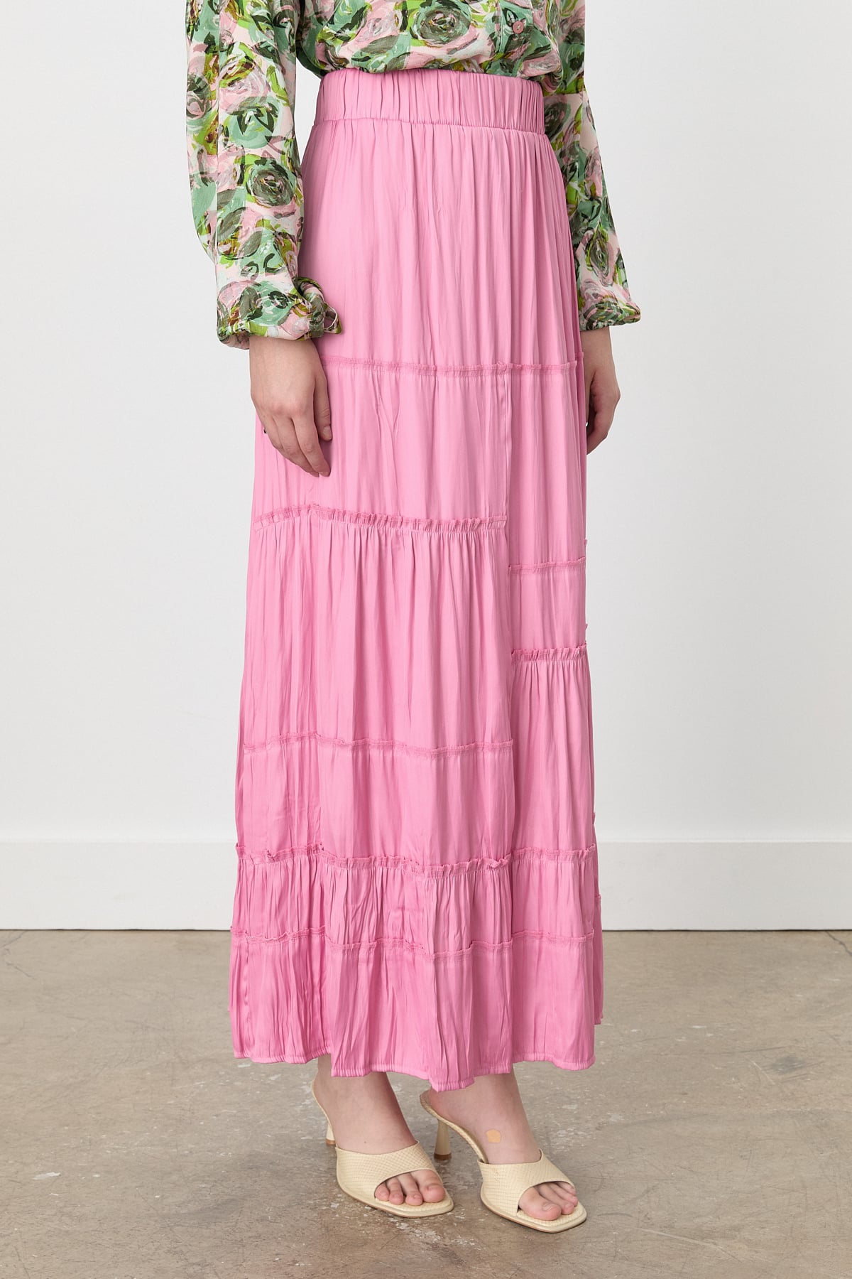 NİHAN Skirt Nihan Beli Lastikli Çingene Crash Etek  Pembe_modest