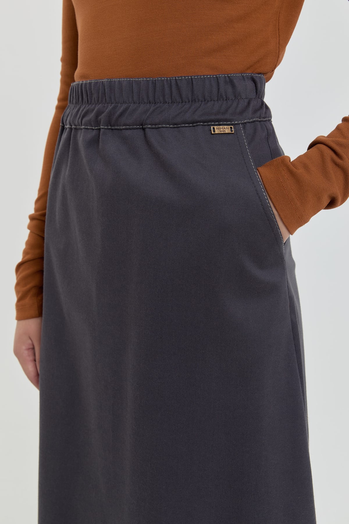 NİHAN Etek Nihan Beli Lastikli Kloş Etek  Füme_modest