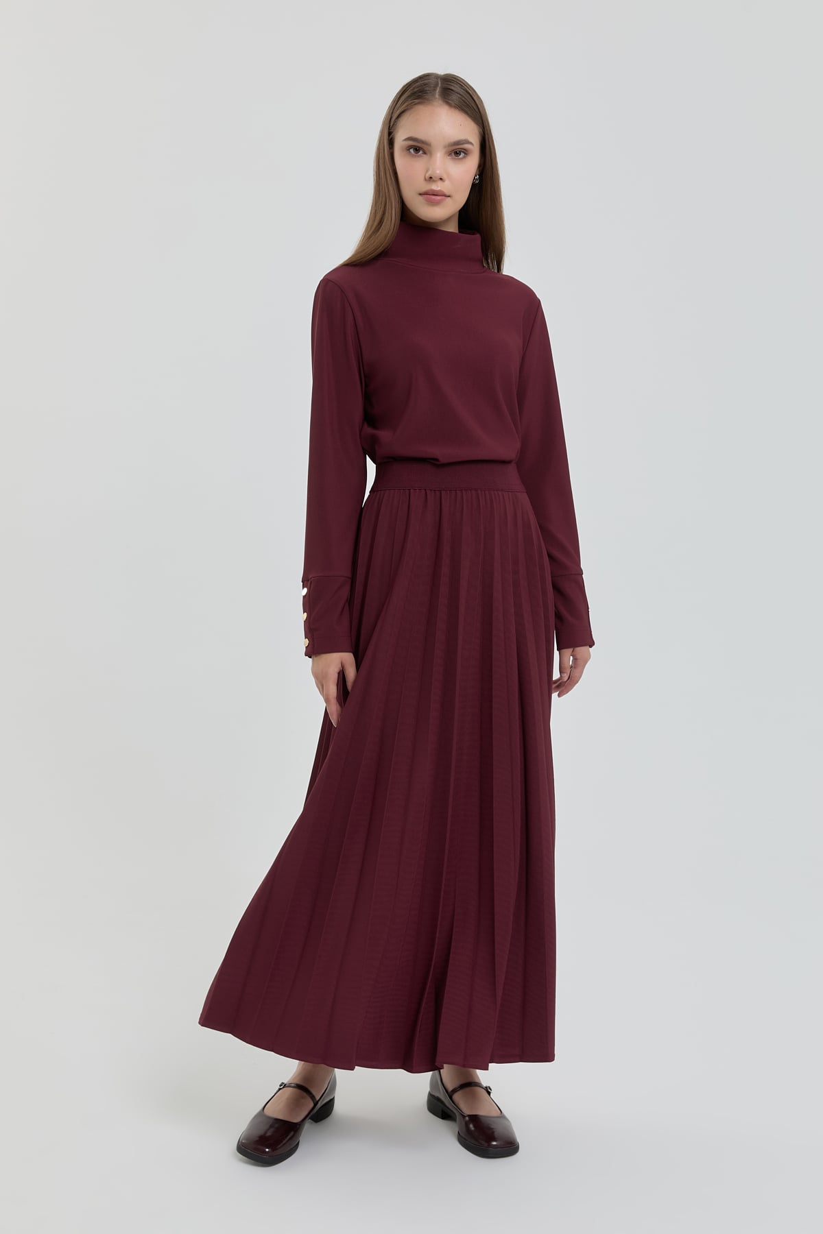 NİHAN Etek Nihan Beli Lastikli Örme Pilise Etek  Bordo_modest