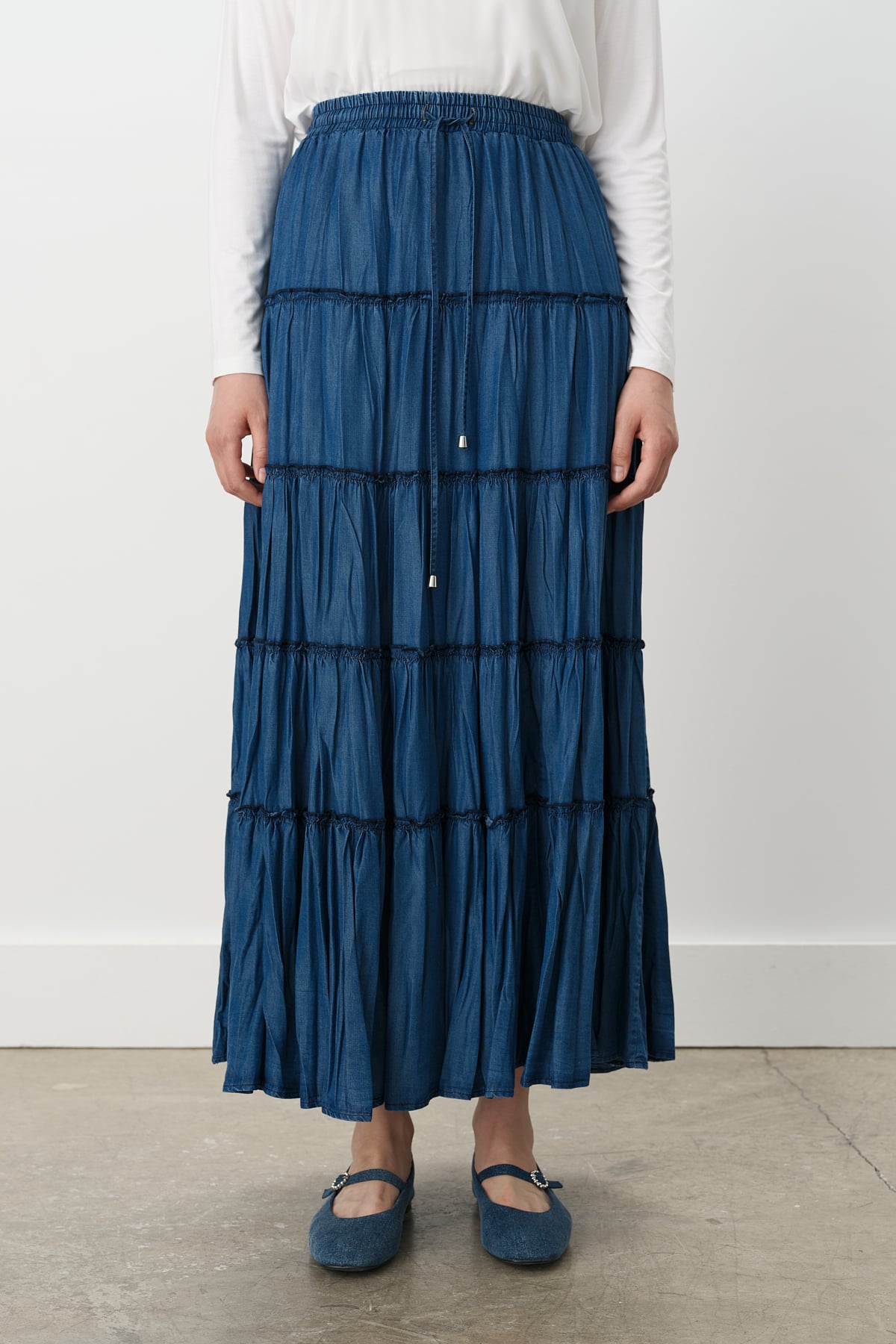 NİHAN Skirt Nihan Beli Lastikli Tencel Çingene Etek  İndigo_modest