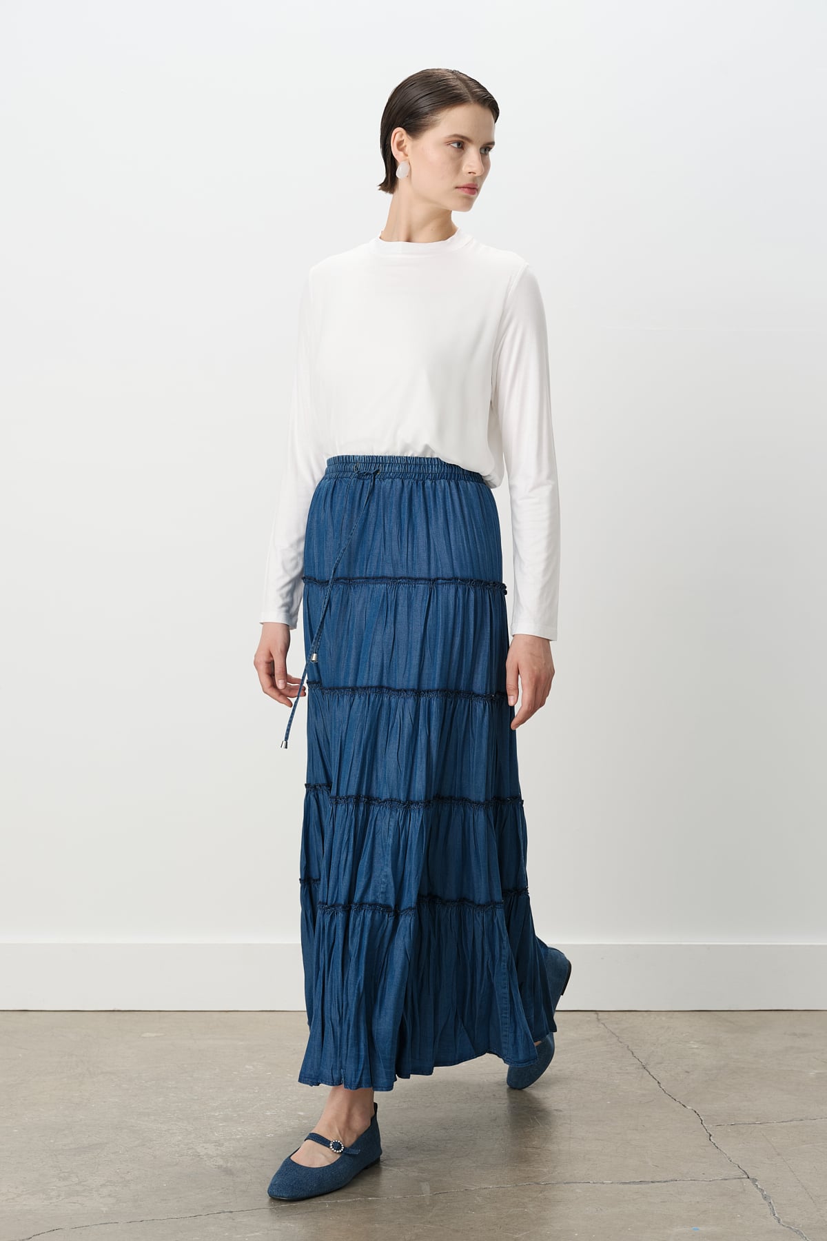 NİHAN Skirt Nihan Beli Lastikli Tencel Çingene Etek  İndigo_modest