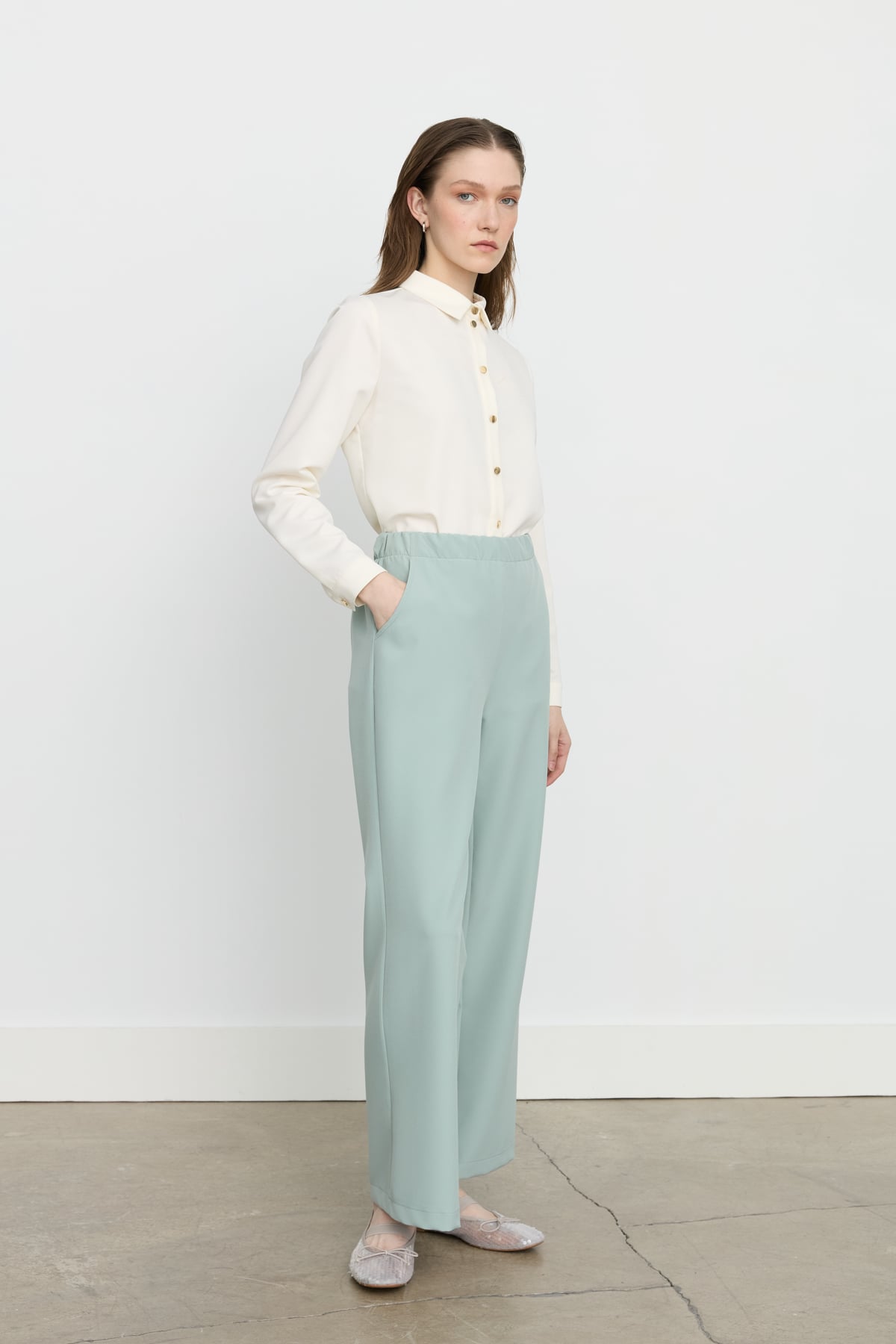 NİHAN Pants Nihan Beli Lastikli Ütü İzli Pantolon  Aqua_modest