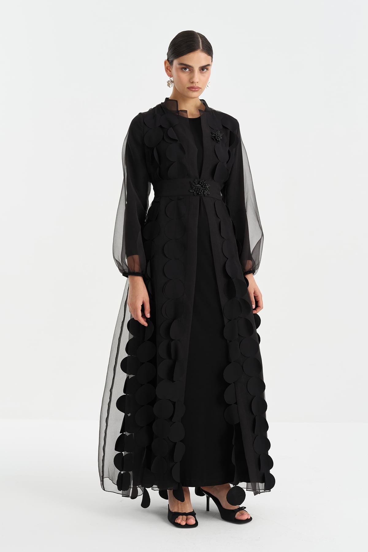 NİHAN Abaya Nihan Broş Detaylı Elbiseli Abaya Takım  Siyah_modest