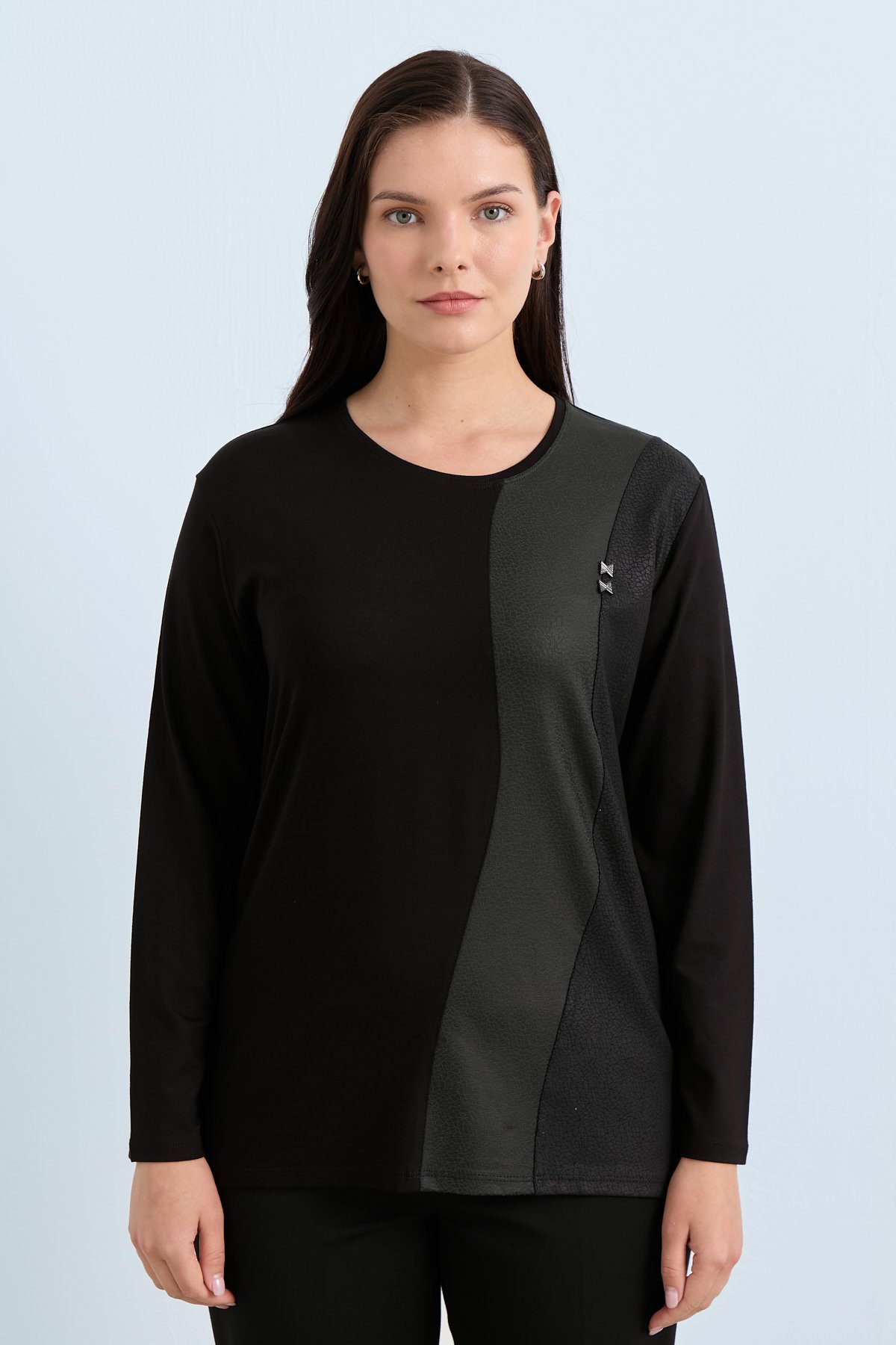 NİHAN Blouse Nihan Büyük Beden Yonca Triko Bluz  Siyah - Yeşil_modest