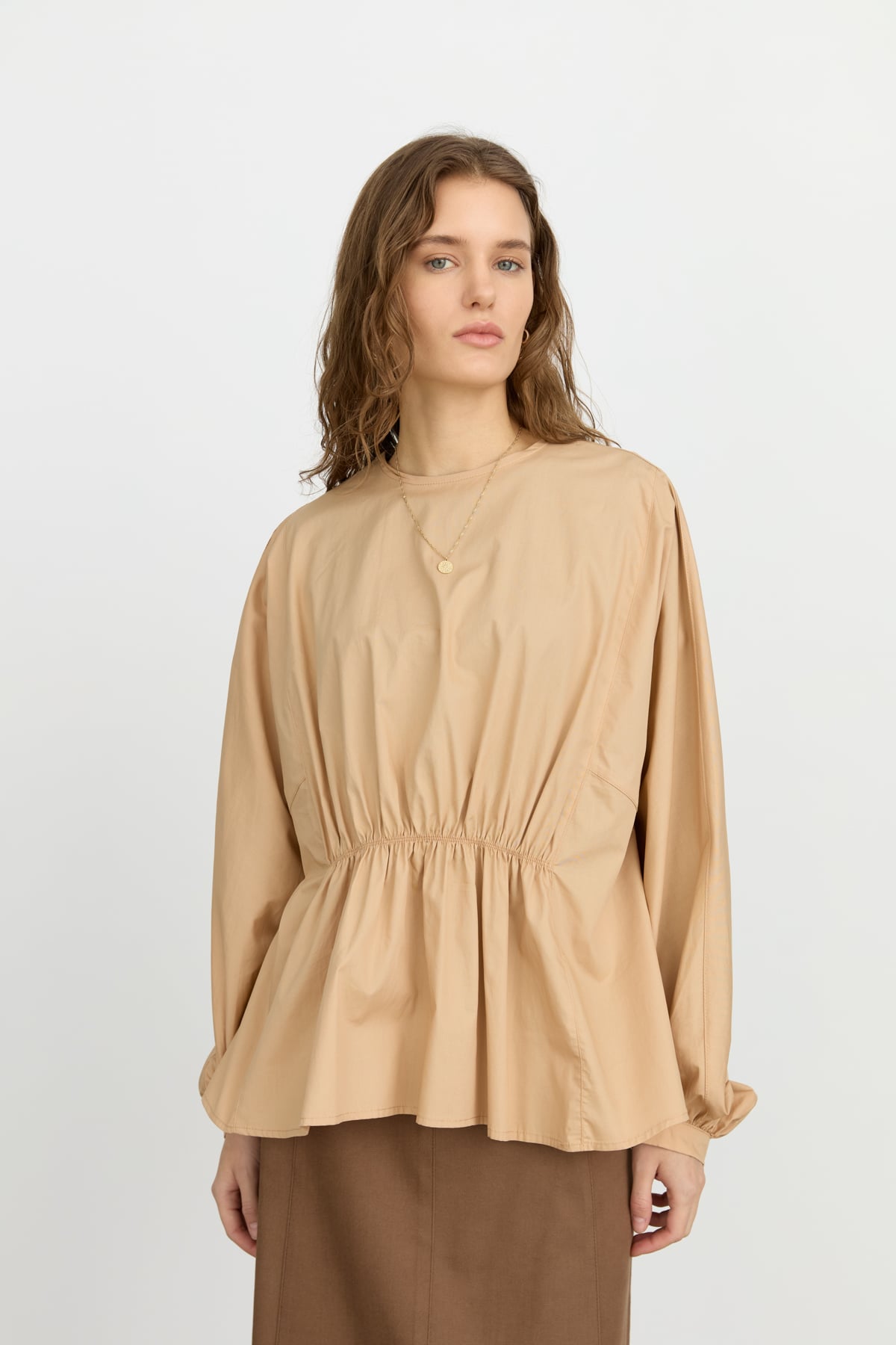 NİHAN Bluz Nihan Büzgü Detaylı Balon Kol Poplin Bluz  Camel_modest