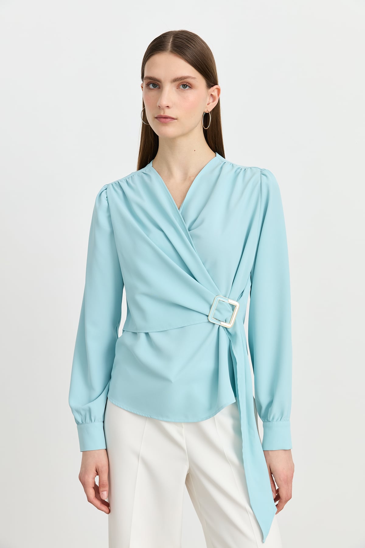 NİHAN Blouse Nihan Büzgü Detaylı V Yaka Şık Bluz  Aqua_modest
