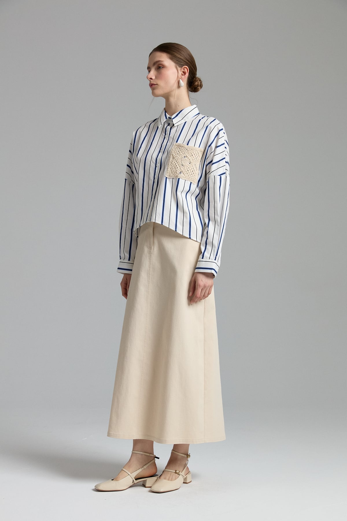 NİHAN Shirts Nihan Cebi Dantel Detaylı Çizgili Gömlek  Lacivert_modest