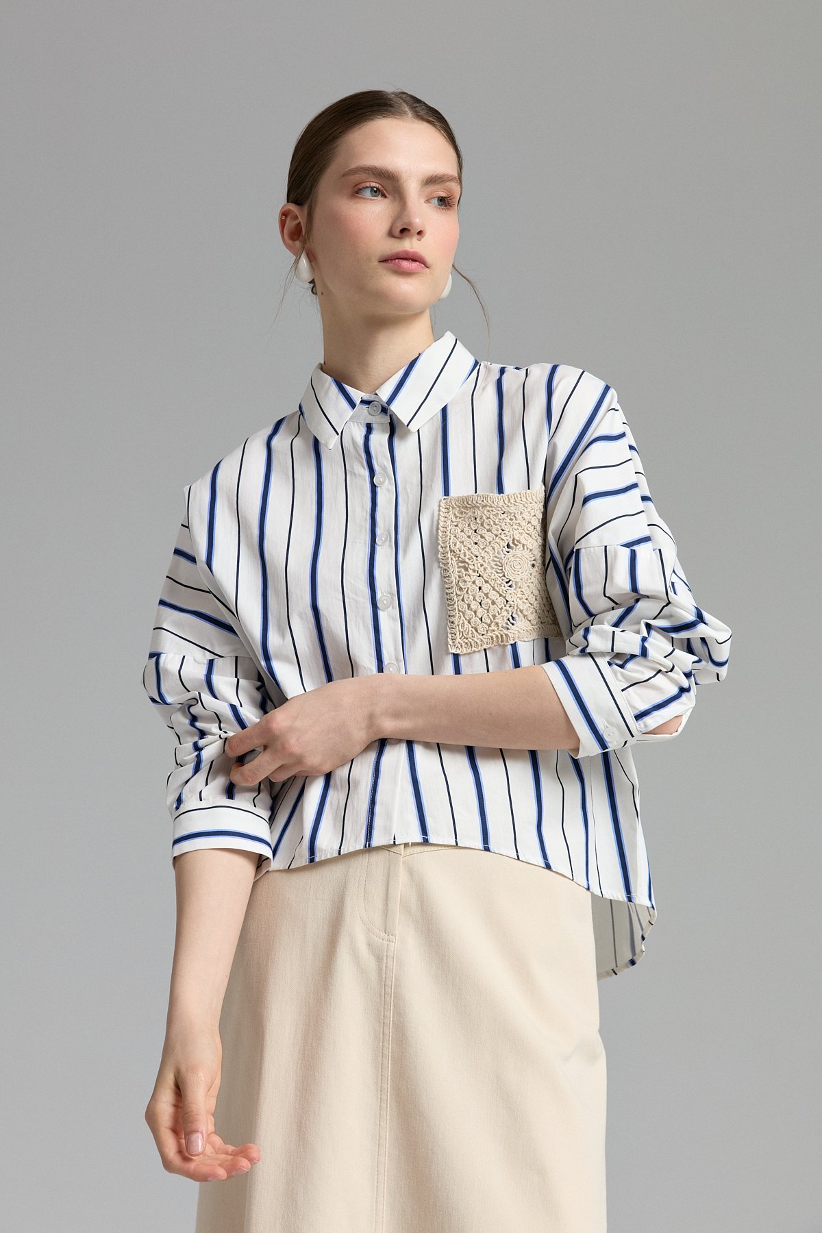NİHAN Shirts Nihan Cebi Dantel Detaylı Çizgili Gömlek  Lacivert_modest