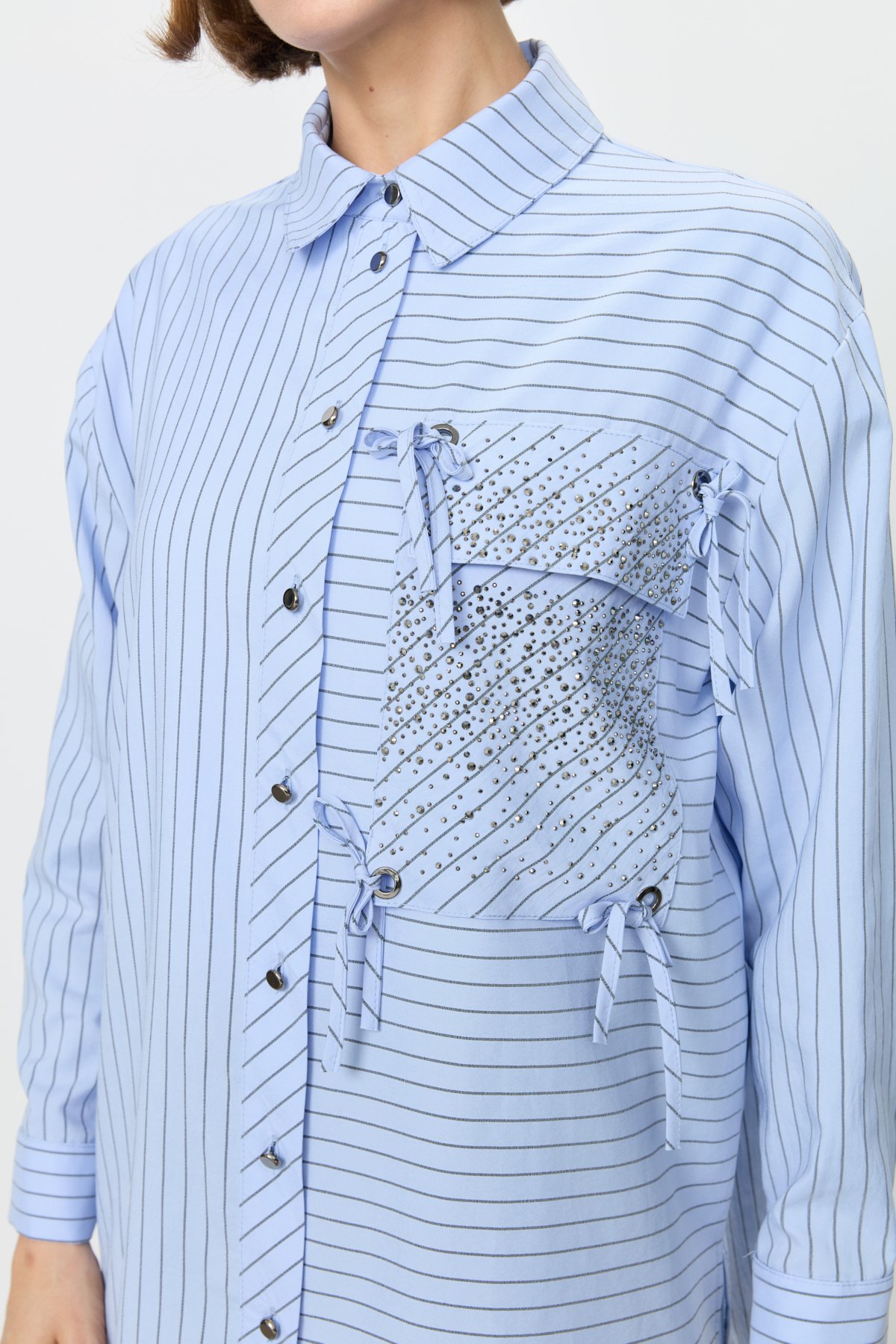 NİHAN Tunic Nihan Cebi Taşlı Çizgili Gömlek Tunik  Mavi_modest