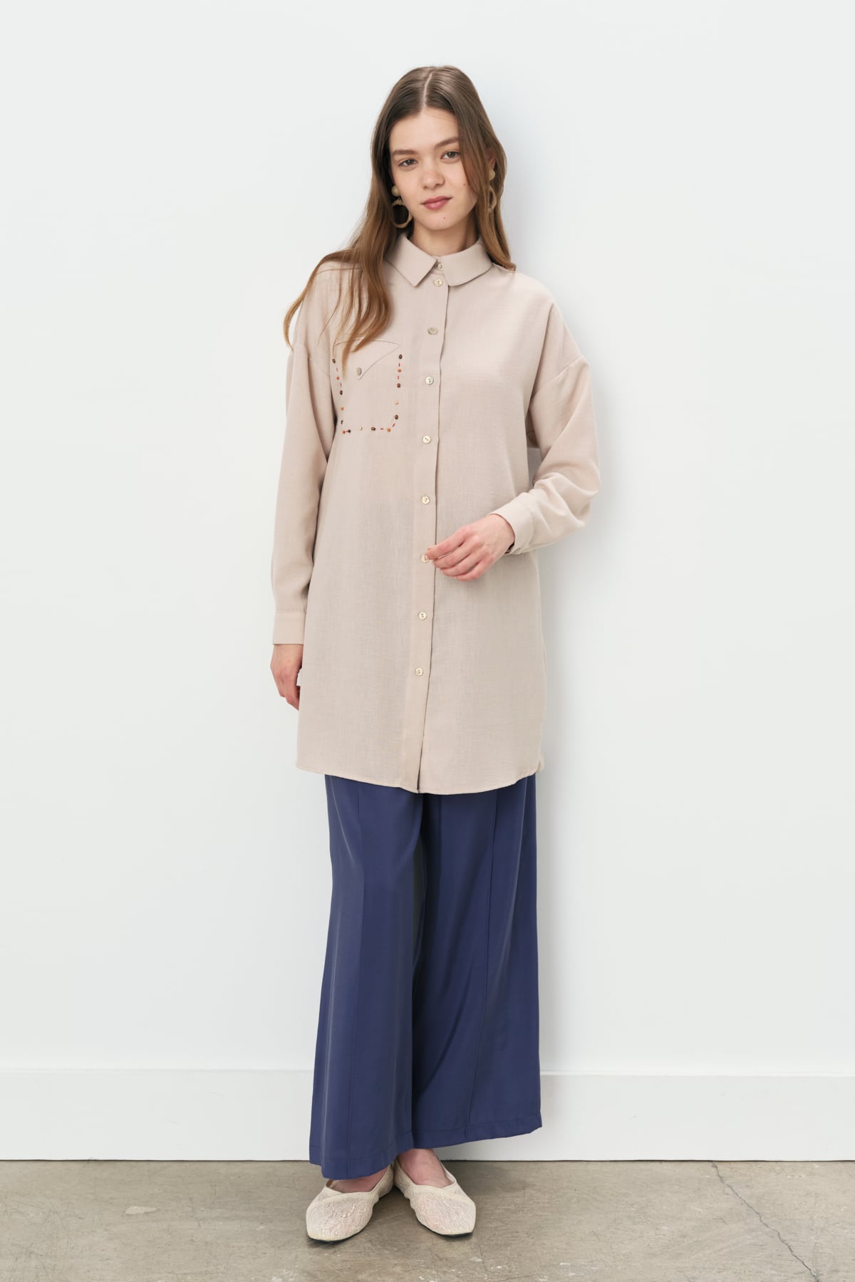 NİHAN Tunik Nihan Cep Detaylı Gömlek Yaka Tunik  Taş_modest