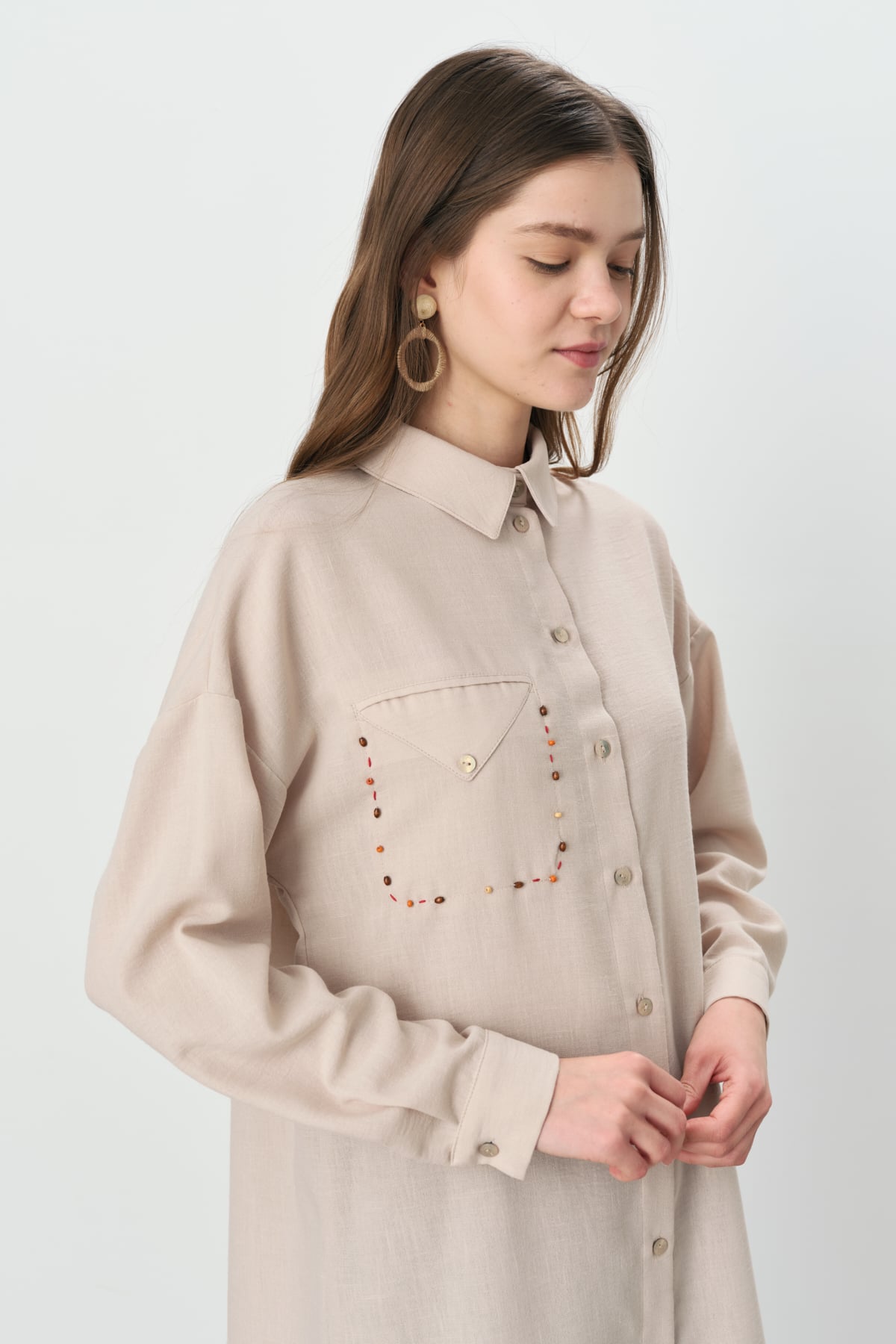 NİHAN Tunik Nihan Cep Detaylı Gömlek Yaka Tunik  Taş_modest