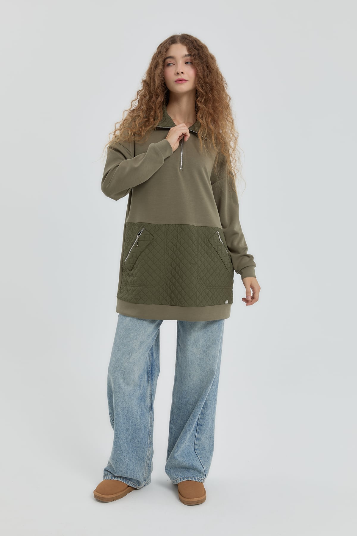NİHAN Sweat Nihan Cep Detaylı Kapitone Garnili Sweat  Haki_modest