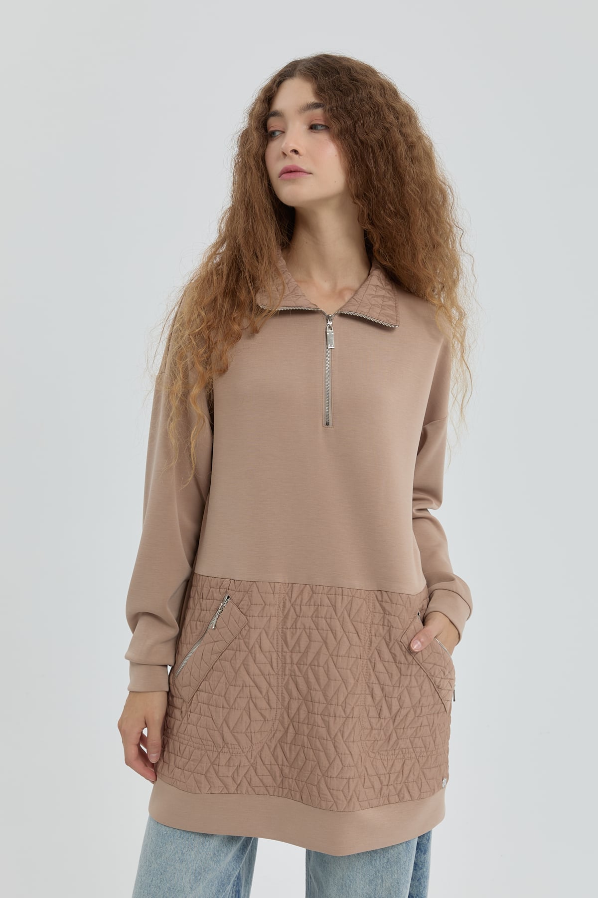 NİHAN Sweat Nihan Cep Detaylı Kapitone Garnili Sweat  Camel_modest