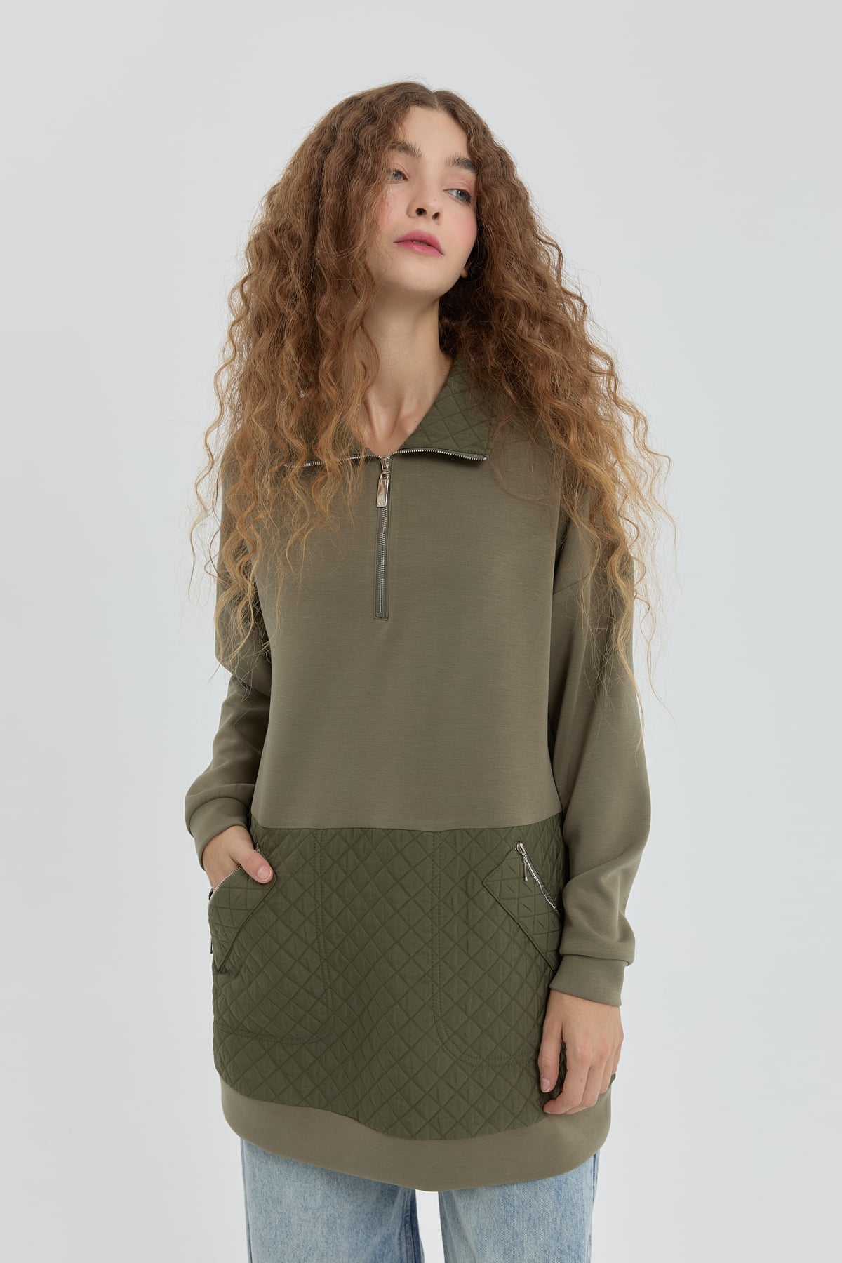 NİHAN Sweat Nihan Cep Detaylı Kapitone Garnili Sweat  Haki_modest