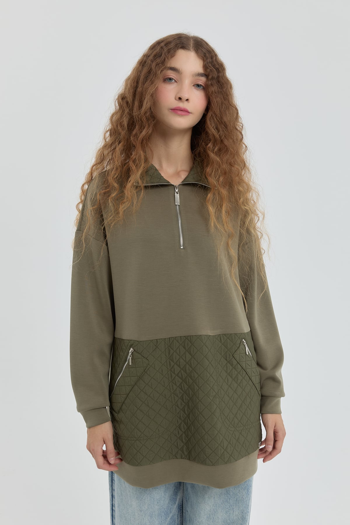 NİHAN Sweat Nihan Cep Detaylı Kapitone Garnili Sweat  Haki_modest