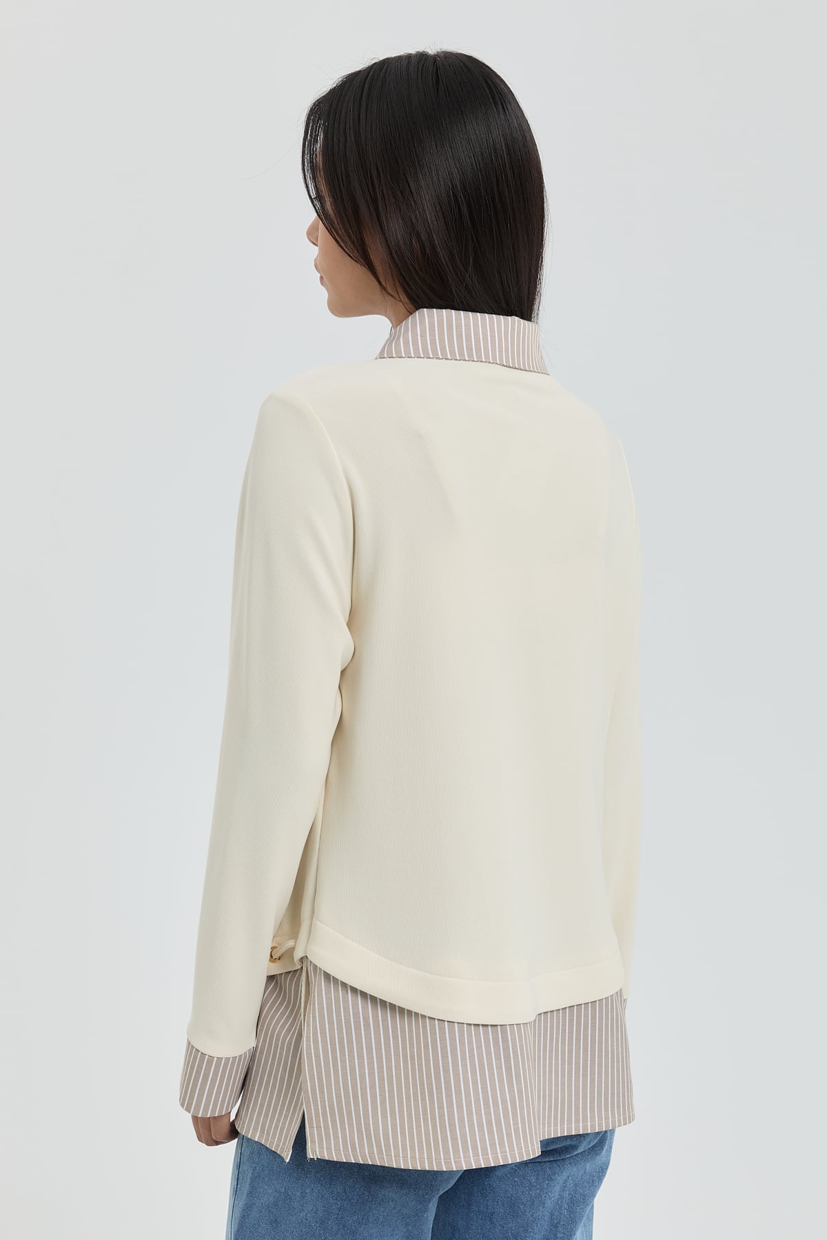 NİHAN Tunik Nihan Çizgi Kumaş Garnili Örme Gömlek Yaka Tunik  Ekru_modest