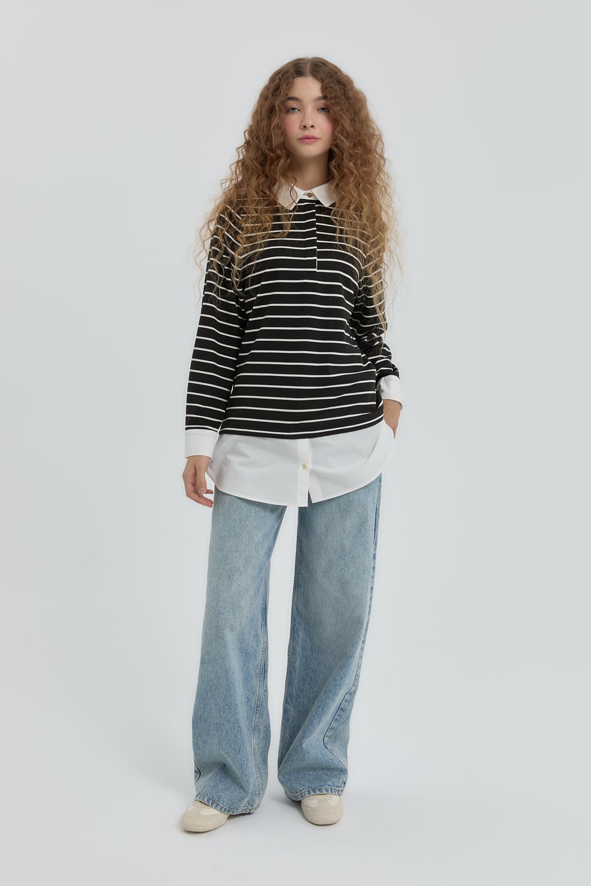 NİHAN Sweat Nihan Çizgili Gömlek Yaka Örme Çelik Sweat  Siyah_modest