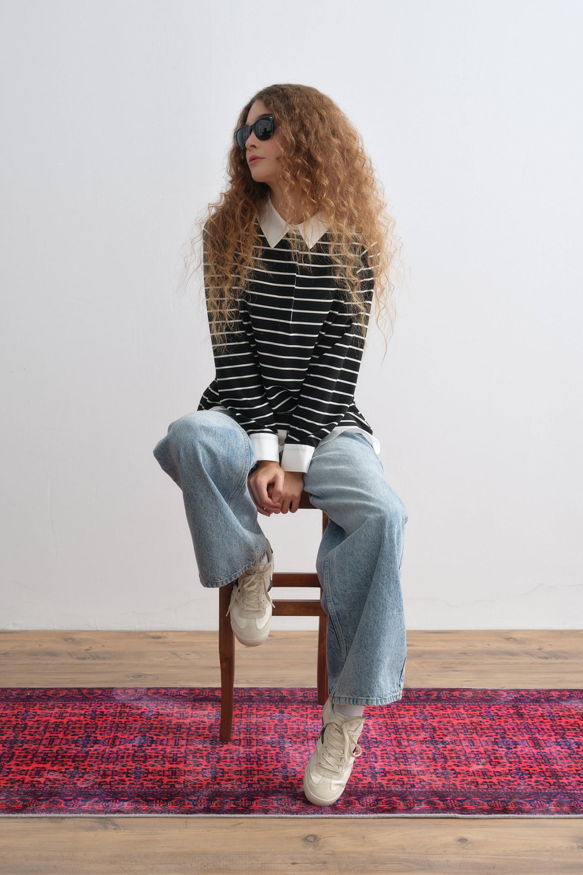 NİHAN Sweat Nihan Çizgili Gömlek Yaka Örme Çelik Sweat  Siyah_modest