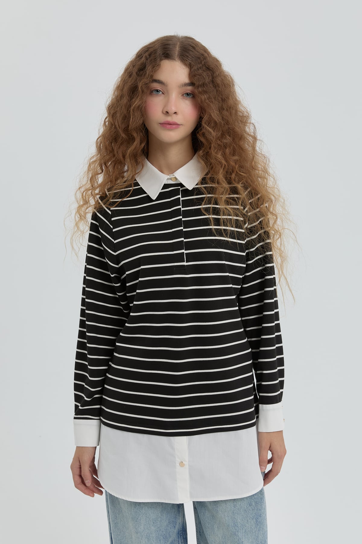 NİHAN Sweat Nihan Çizgili Gömlek Yaka Örme Çelik Sweat  Siyah_modest