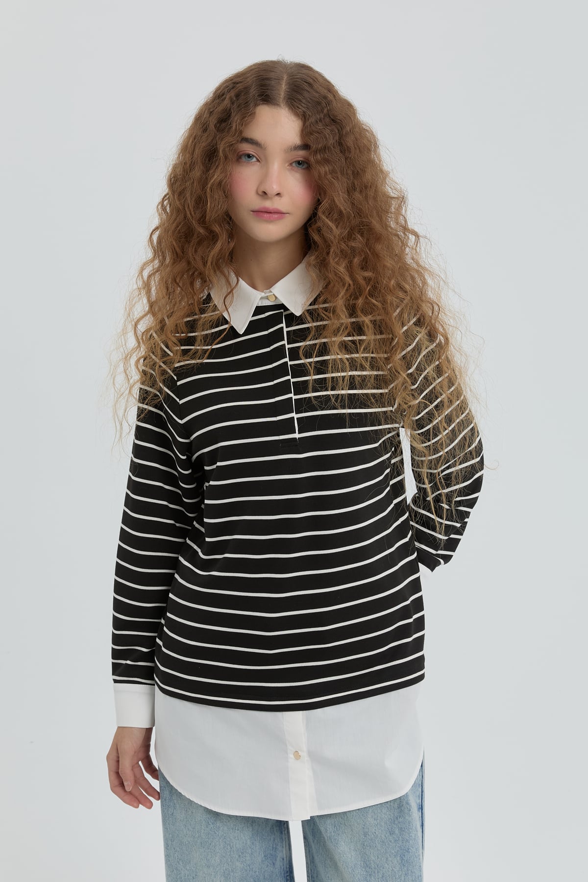 NİHAN Sweat Nihan Çizgili Gömlek Yaka Örme Çelik Sweat  Siyah_modest