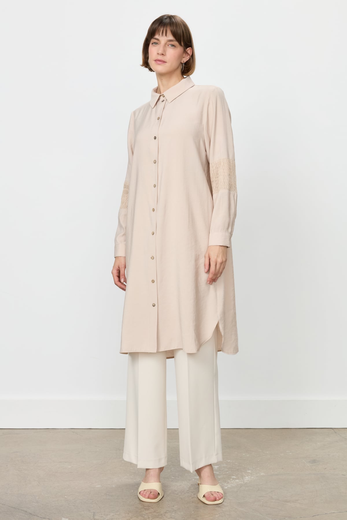 NİHAN Tunic Nihan Dantel ve File Detaylı Tunik  Bej_modest
