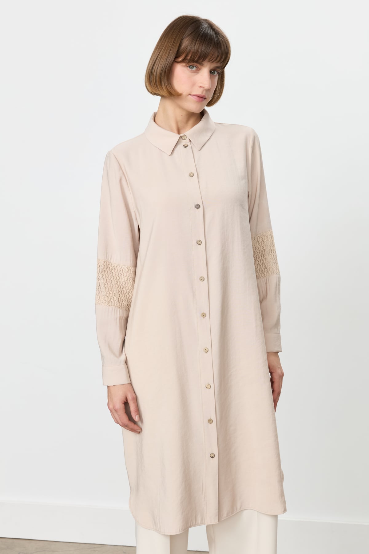 NİHAN Tunic Nihan Dantel ve File Detaylı Tunik  Bej_modest