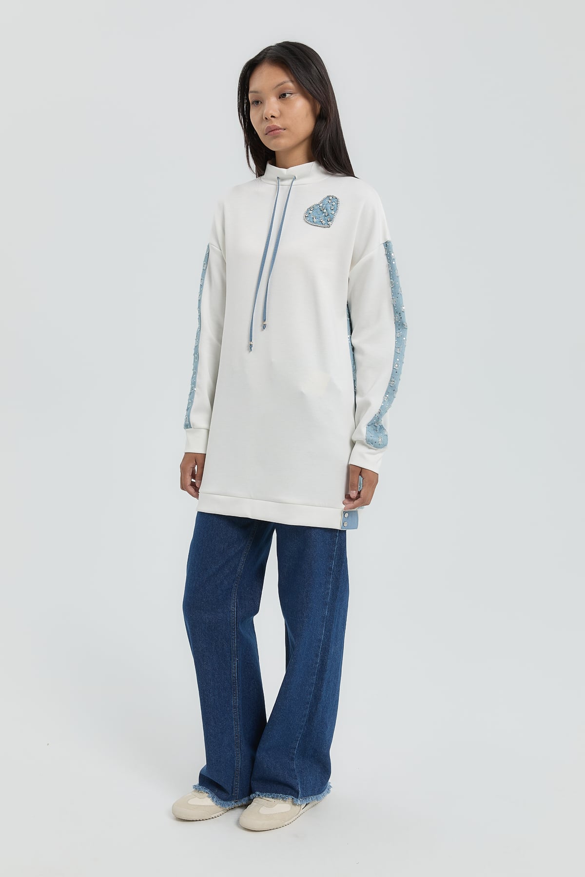NİHAN Tunic Nihan Denim Detaylı Örme Tunik  Beyaz_modest