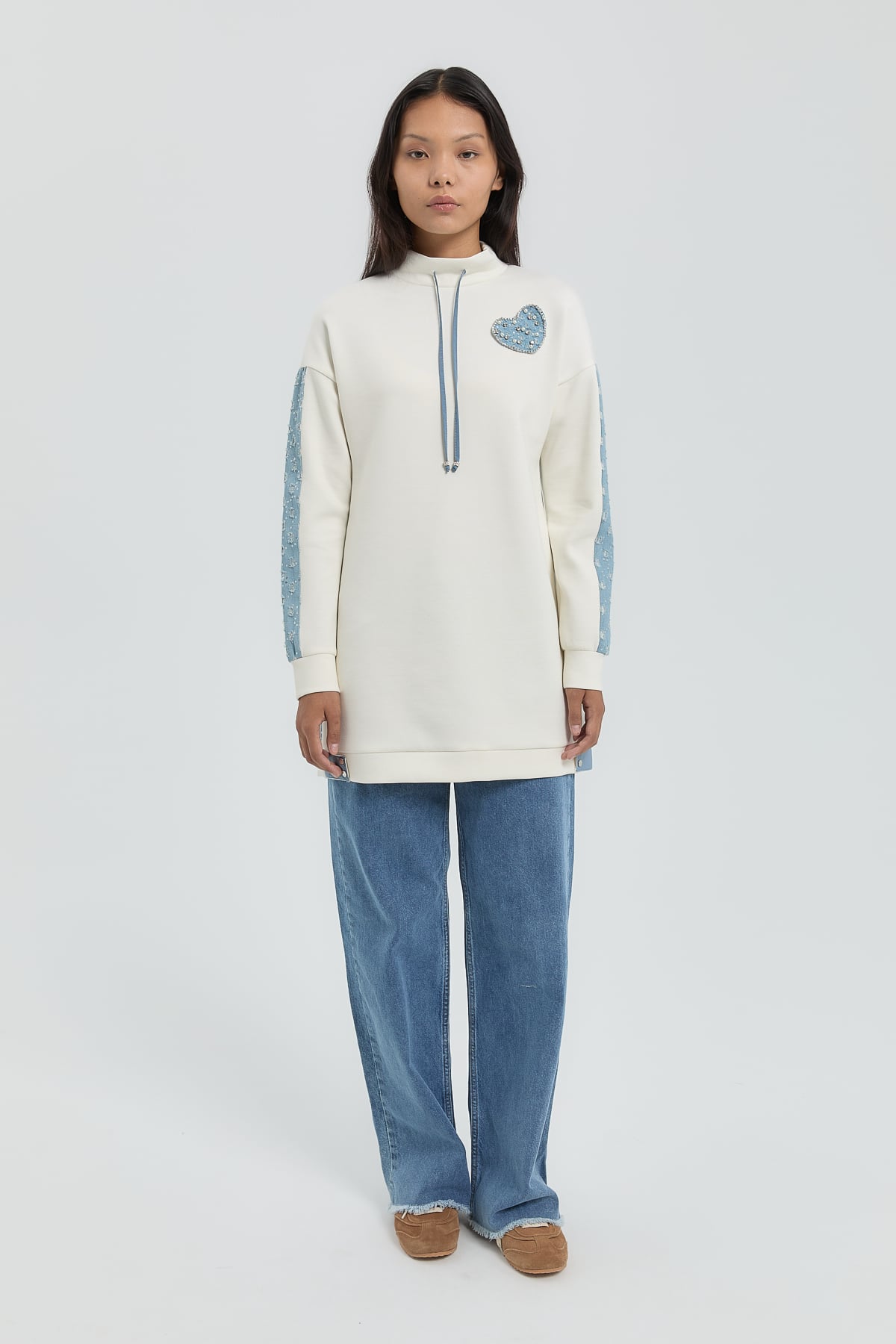 NİHAN Tunik Nihan Denim Detaylı Örme Tunik  Ekru_modest
