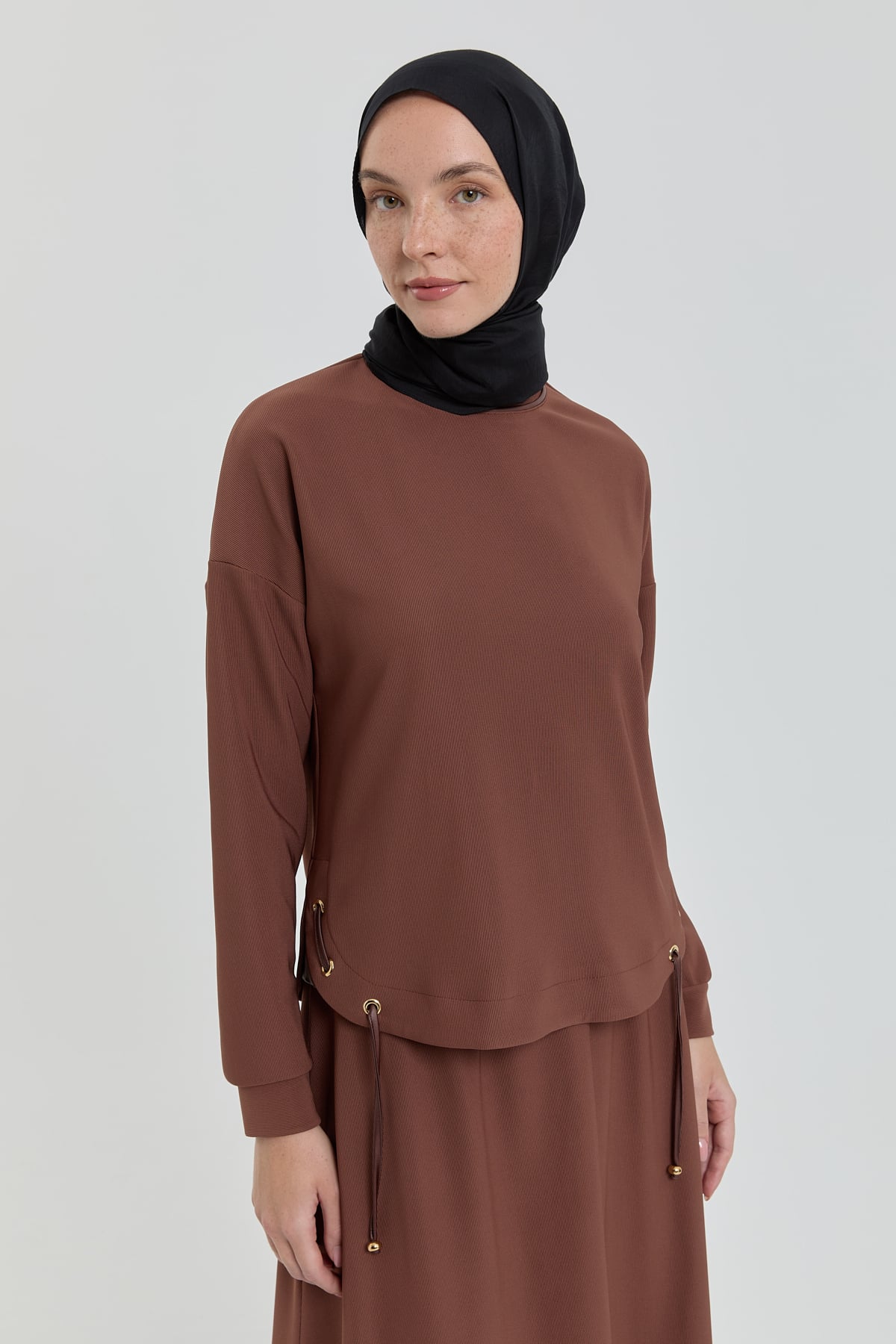 NİHAN Takım Nihan Deri Detaylı Örme Etek Bluz Takım  Kahve_modest