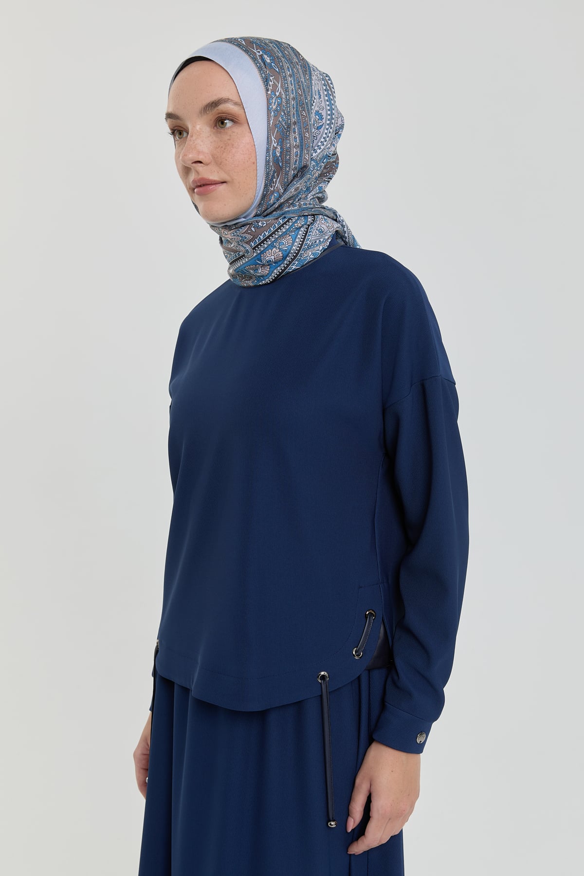 NİHAN Takım Nihan Deri Detaylı Örme Etek Bluz Takım  Lacivert_modest