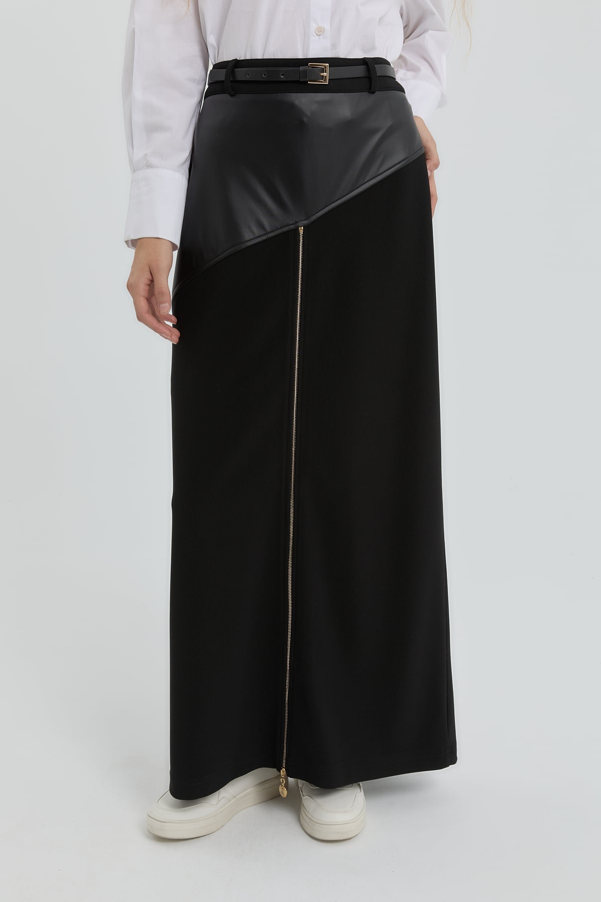 NİHAN Skirt Nihan Deri Garnili Örme Fermuarlı Etek  Siyah_modest
