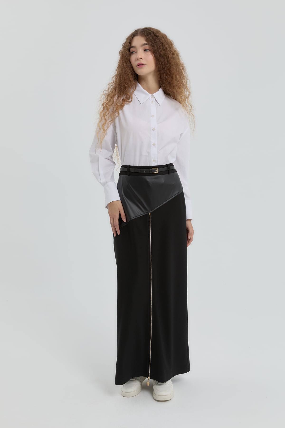 NİHAN Skirt Nihan Deri Garnili Örme Fermuarlı Etek  Siyah_modest