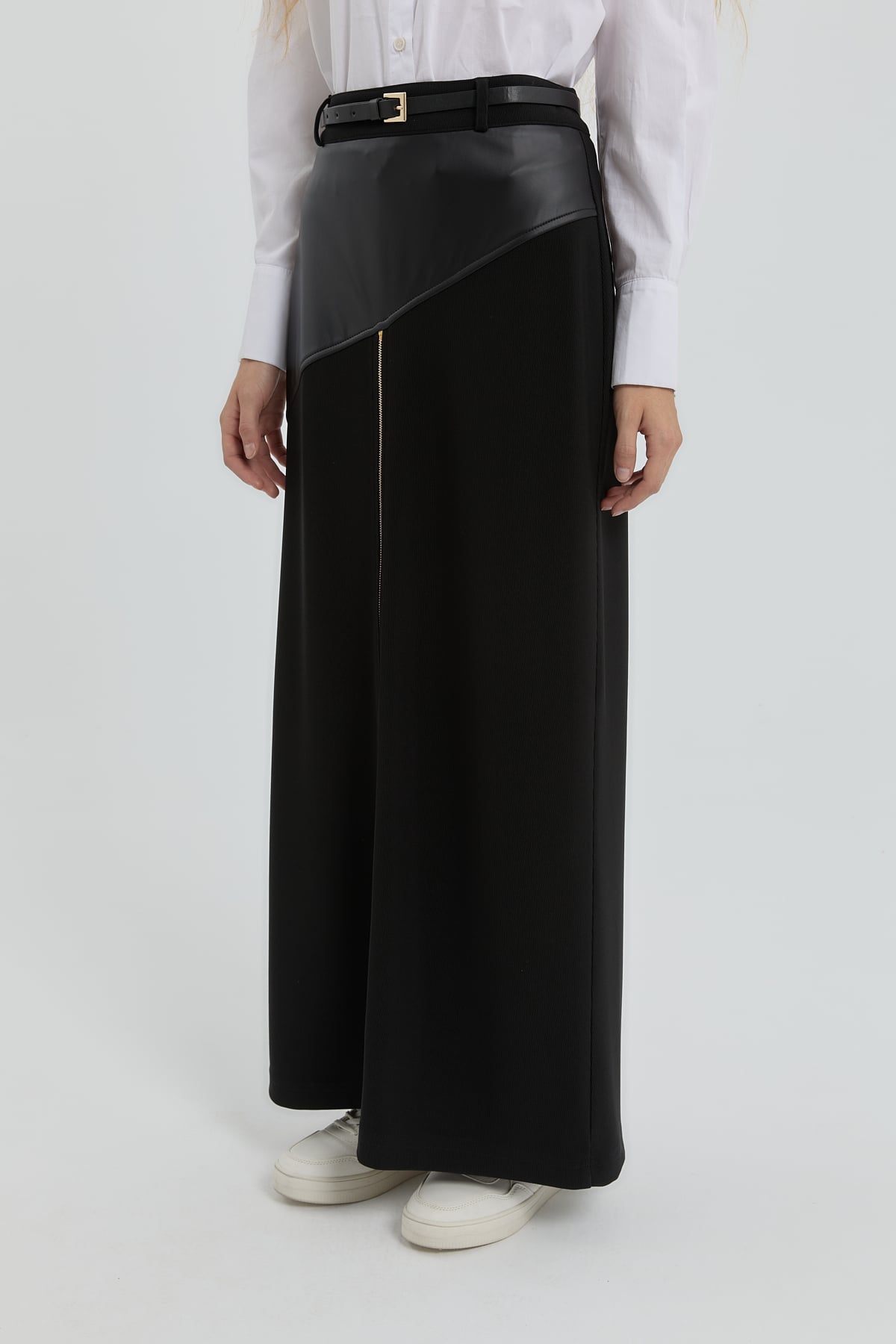 NİHAN Skirt Nihan Deri Garnili Örme Fermuarlı Etek  Siyah_modest