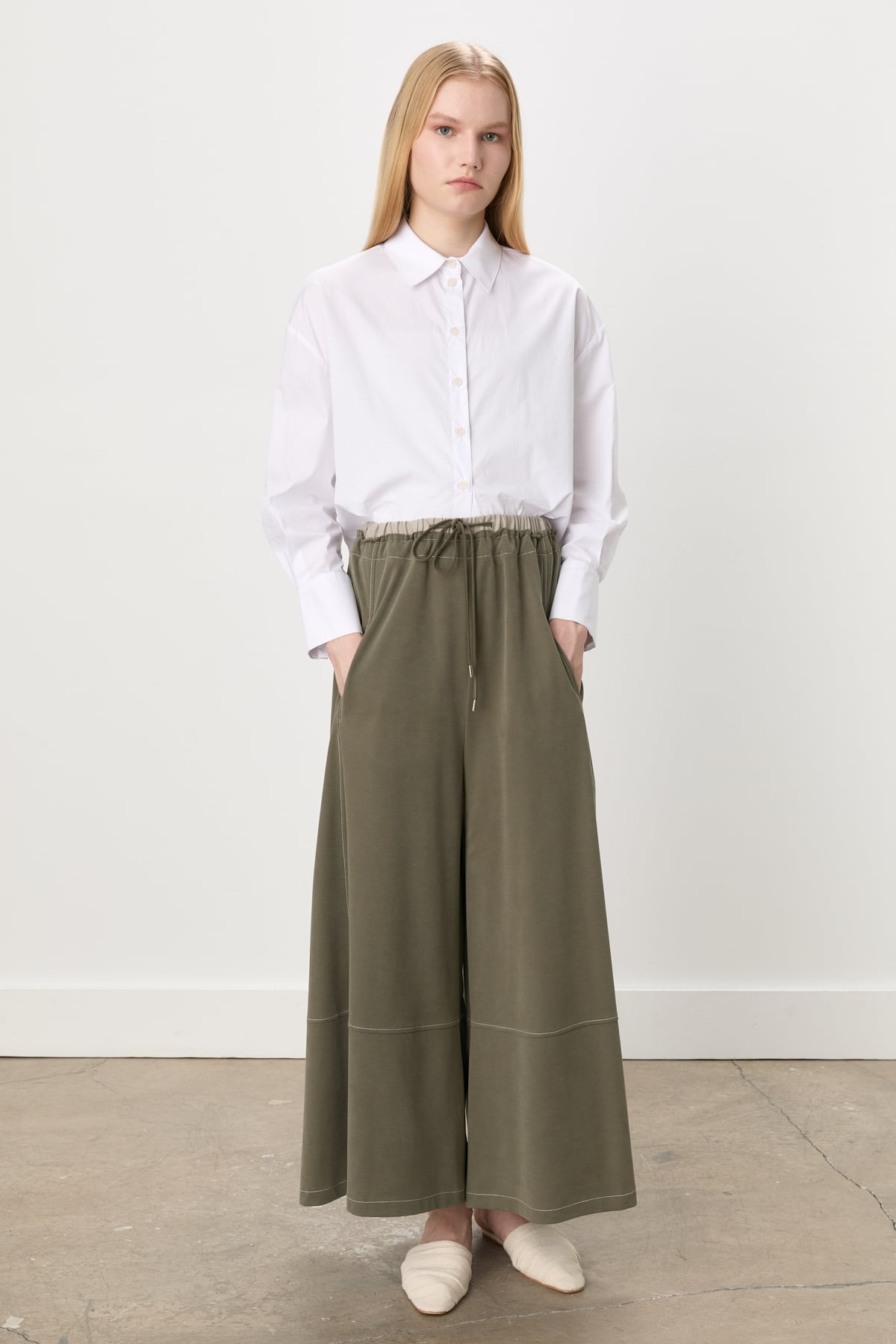 NİHAN Pants Nihan Dikiş Detaylı Bol Paça Örme Pantolon  Haki_modest