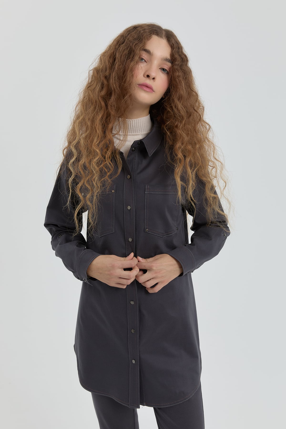 NİHAN Tunic Nihan Dikiş Detaylı Gömlek Yaka Tunik  Füme_modest