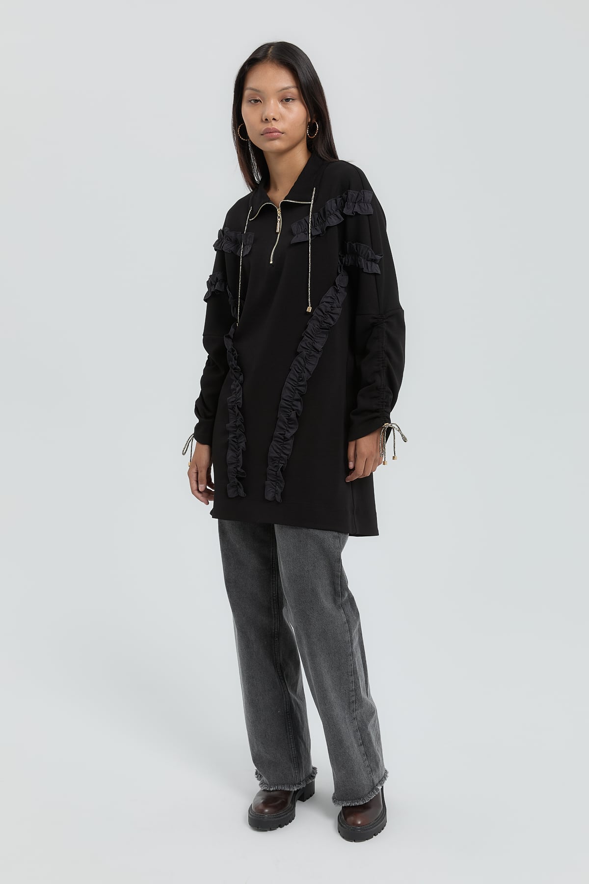NİHAN Sweat Nihan Fırfır Detaylı Sweat  Siyah_modest