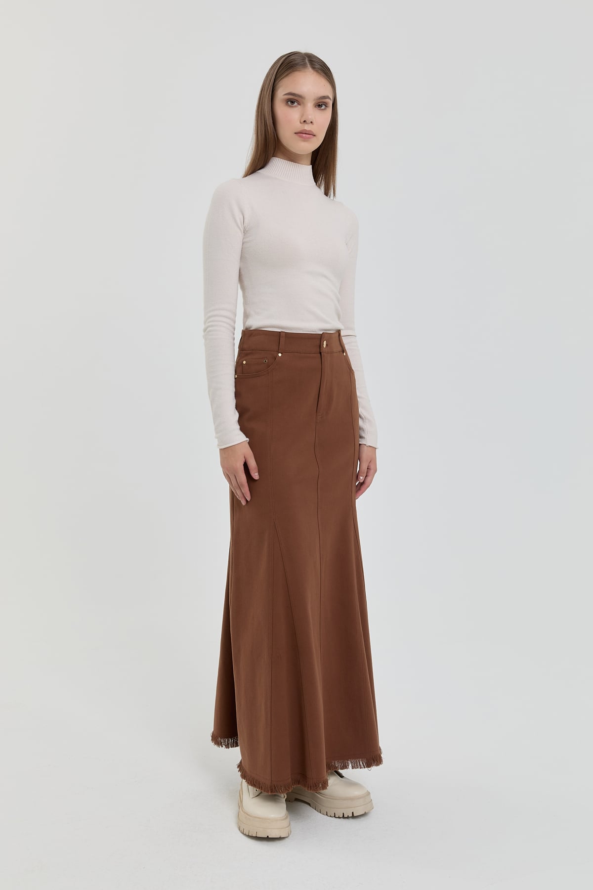 NİHAN Etek Nihan Gabardin 8 Panel Etek  Kahve_modest