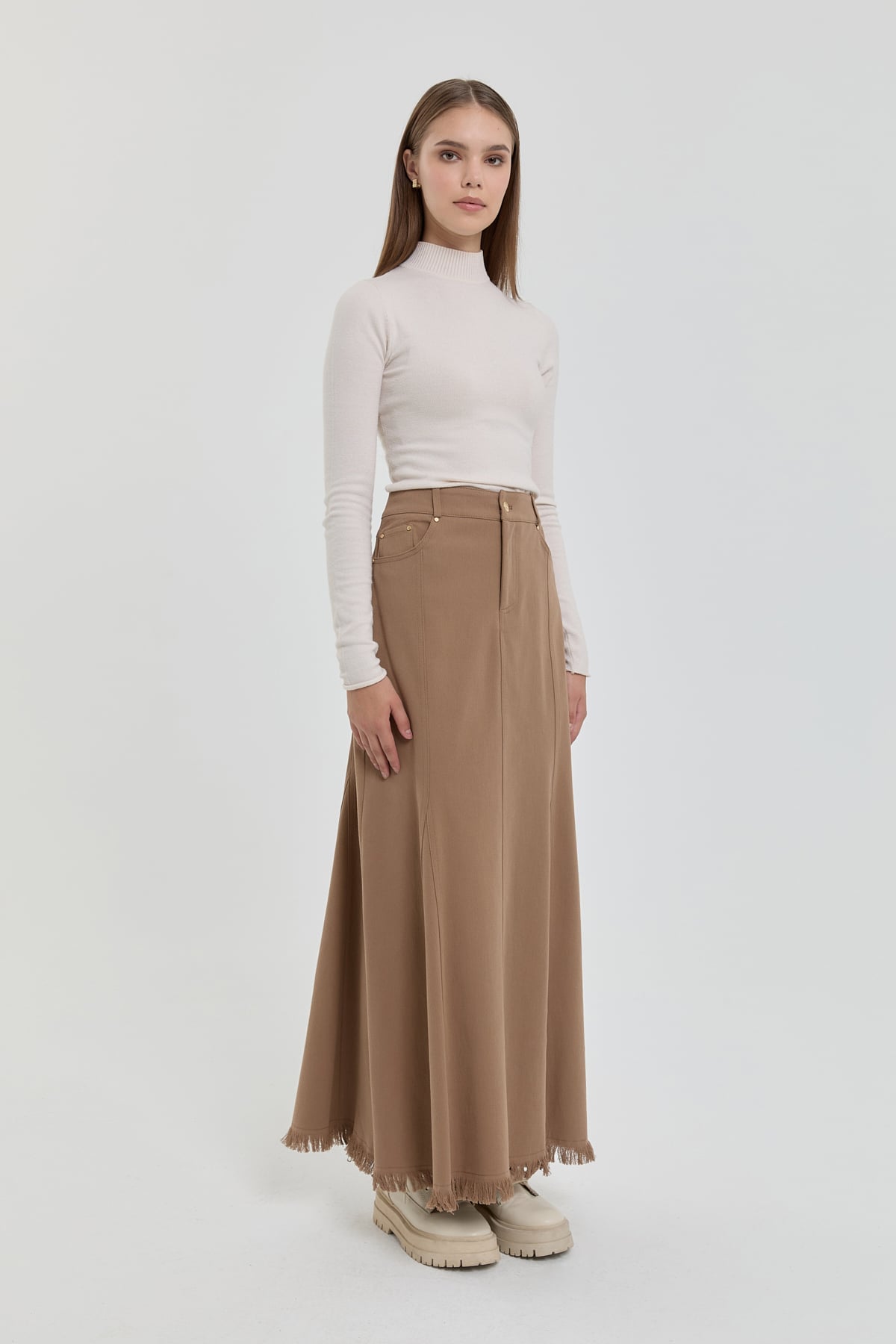 NİHAN Etek Nihan Gabardin 8 Panel Etek  Vizon_modest