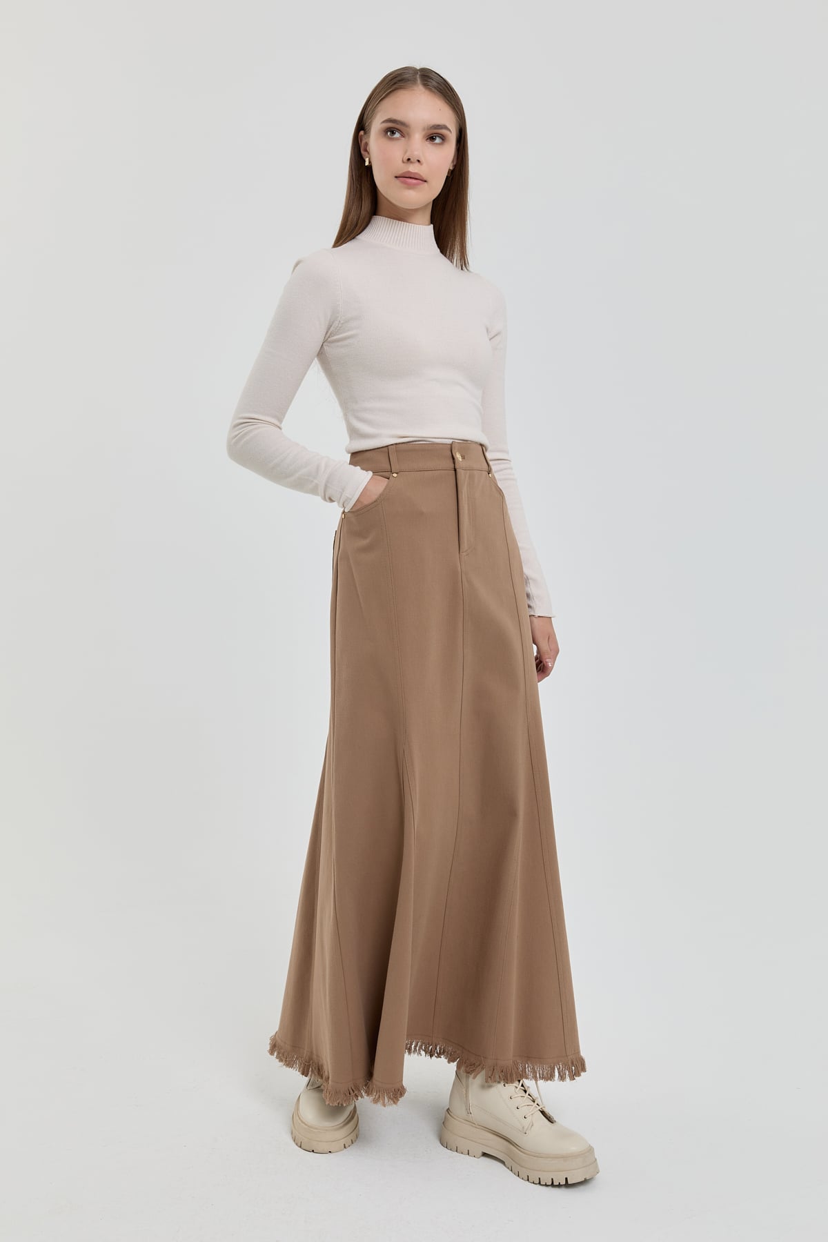 NİHAN Etek Nihan Gabardin 8 Panel Etek  Vizon_modest