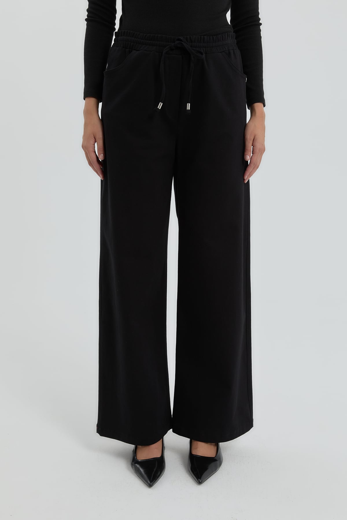 NİHAN Pantolon Nihan Gabardin Beli Lastikli Bol Paça Pantolon  Siyah_modest