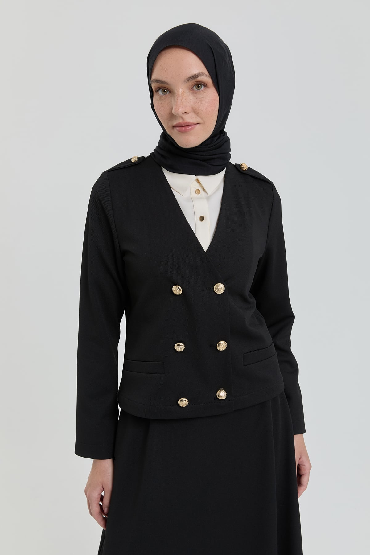 NİHAN Takım Nihan Gold Düğmeli Örme Etek Ceket Takım  Siyah_modest