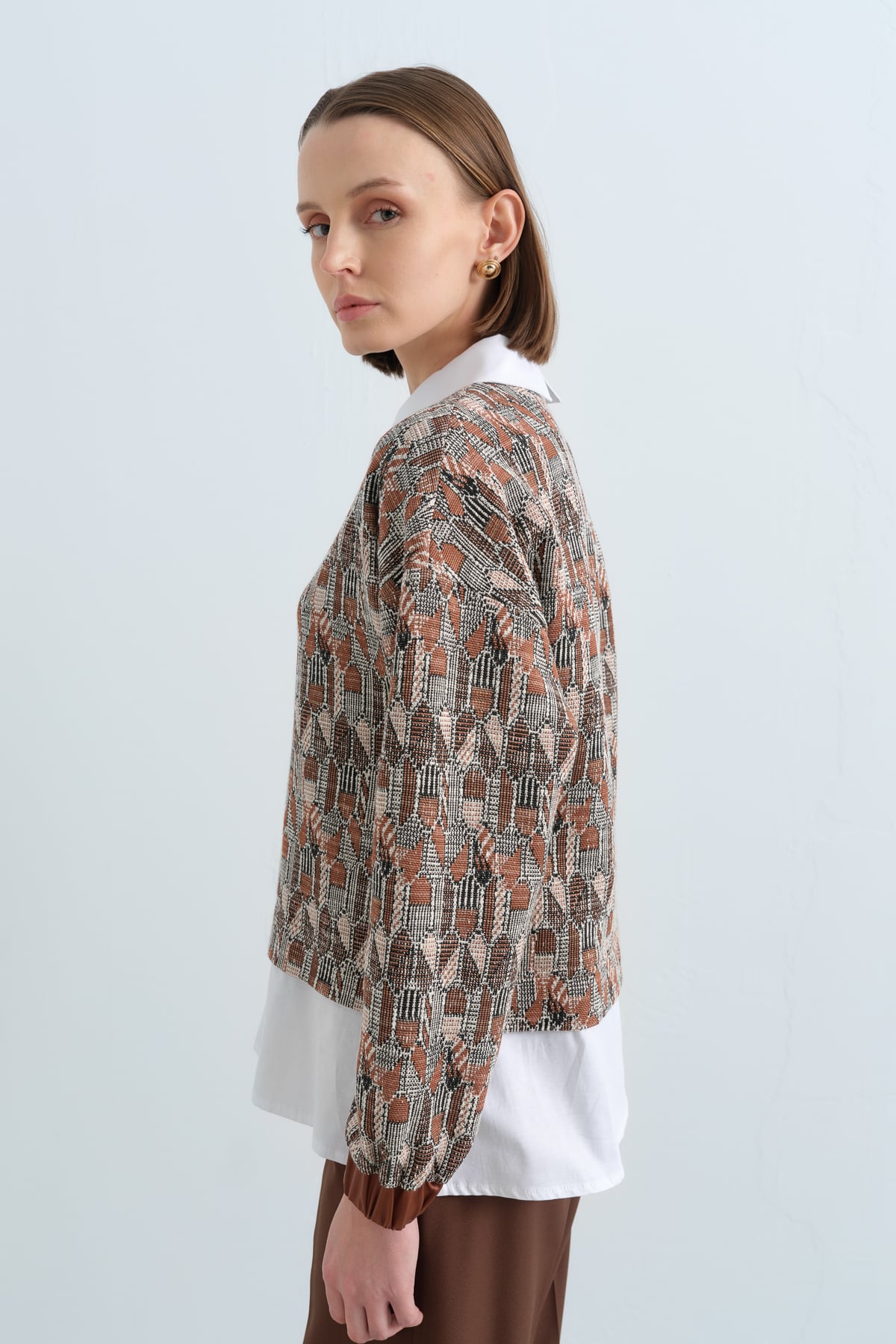 NİHAN Sweat Nihan Gömlek Görünümlü Örme Sweat  Açık Kahve_modest