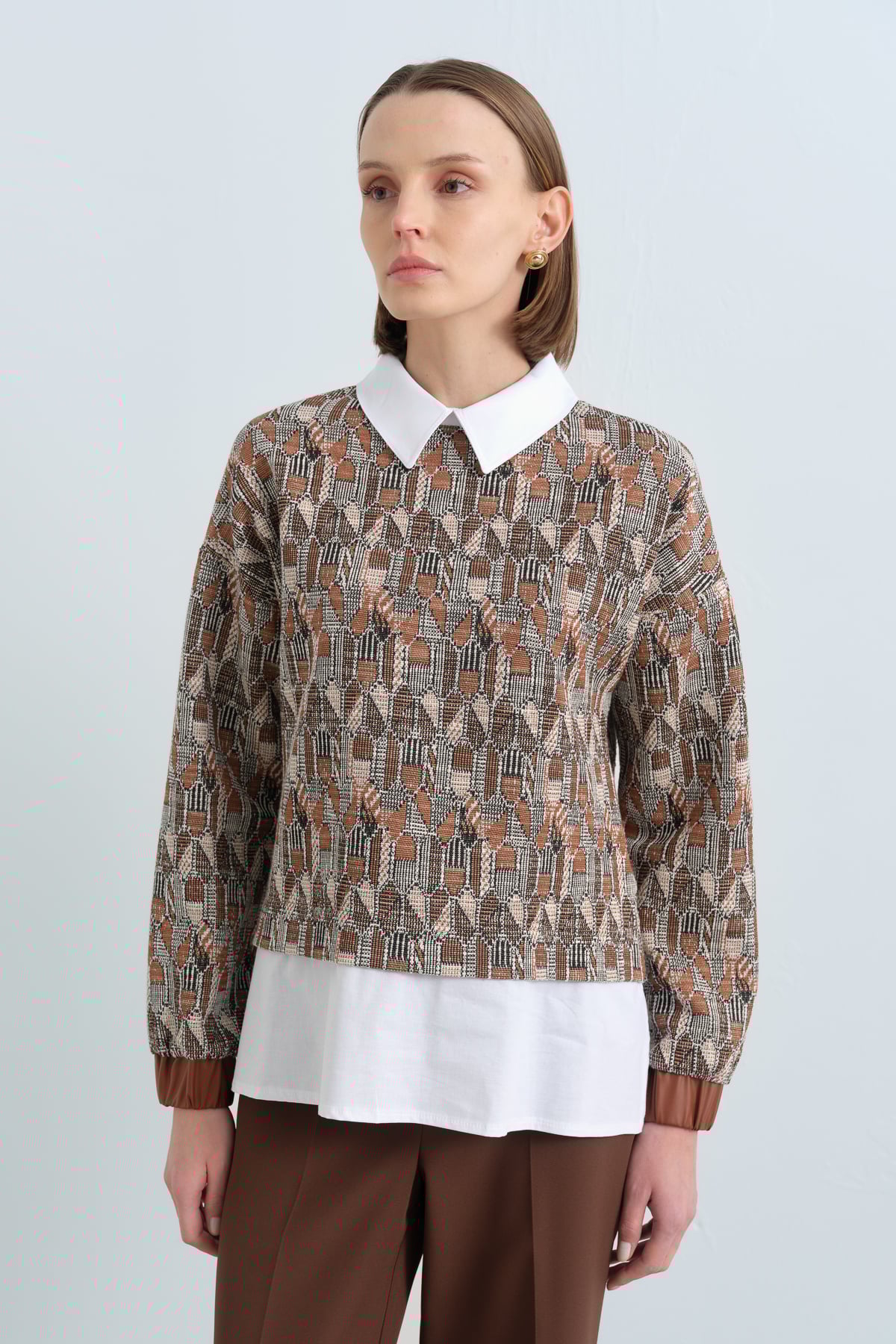 NİHAN Sweat Nihan Gömlek Görünümlü Örme Sweat  Açık Kahve_modest